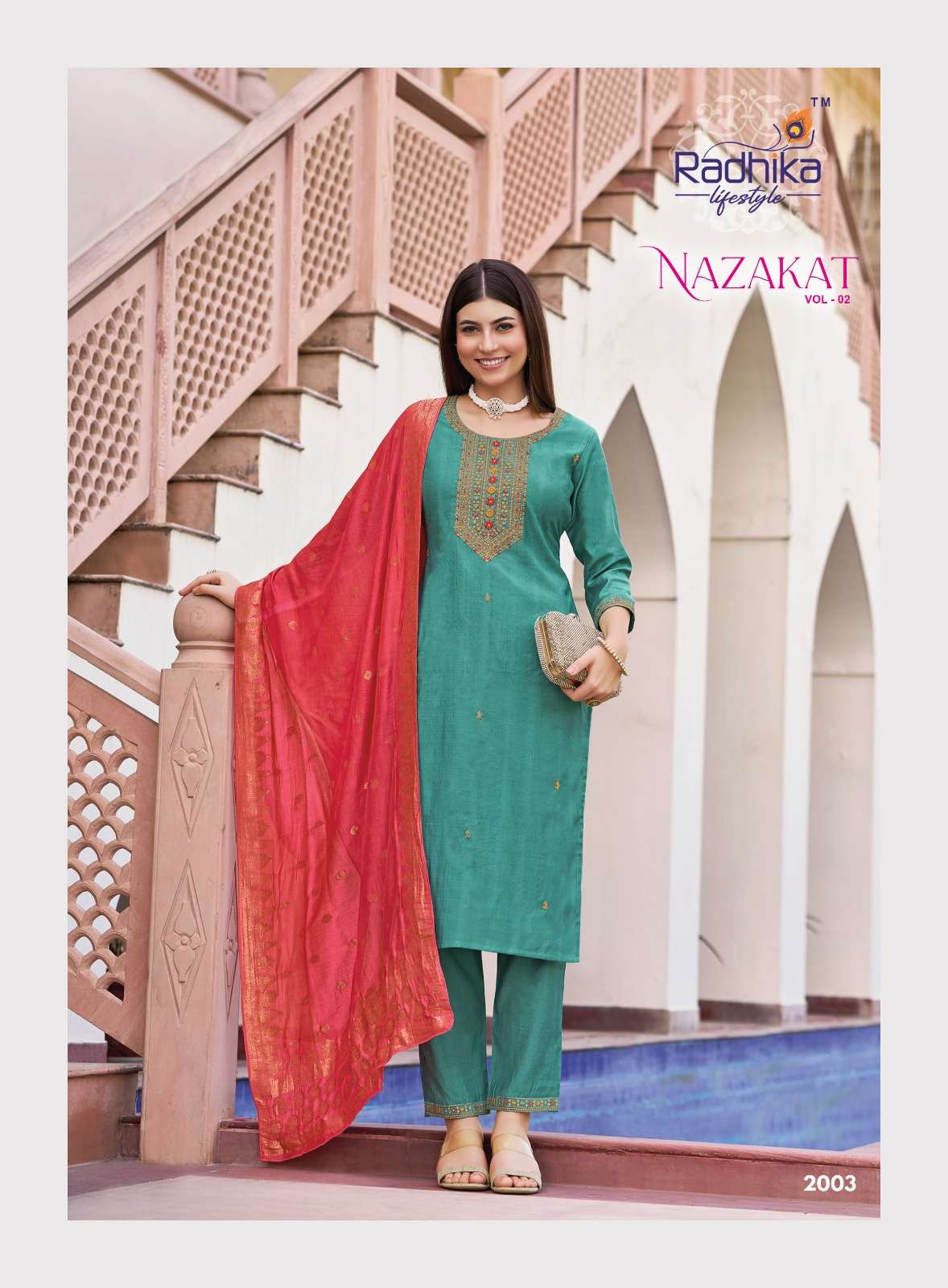 RADHIKA LIFESTYLE NAZAKAT VOL 2 FANCY WORK LADIES KURTI PANT WITH DUPATTA SET