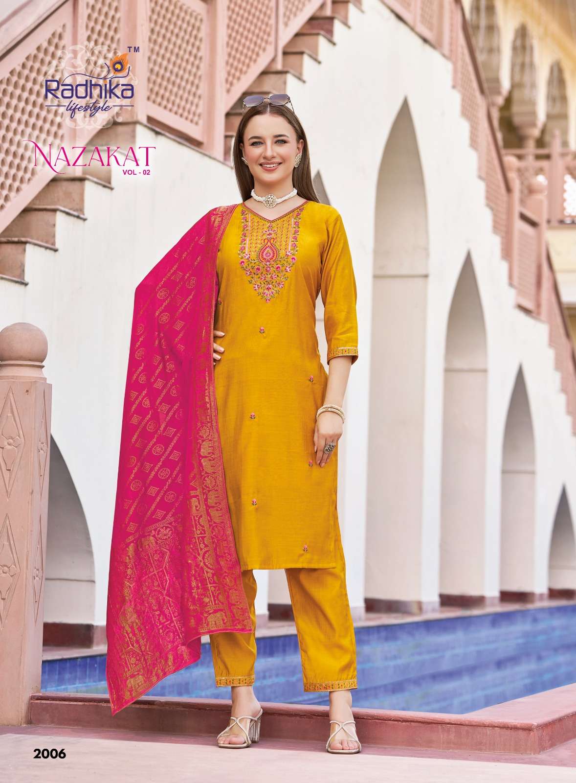 RADHIKA LIFESTYLE NAZAKAT VOL 2 FANCY WORK LADIES KURTI PANT WITH DUPATTA SET