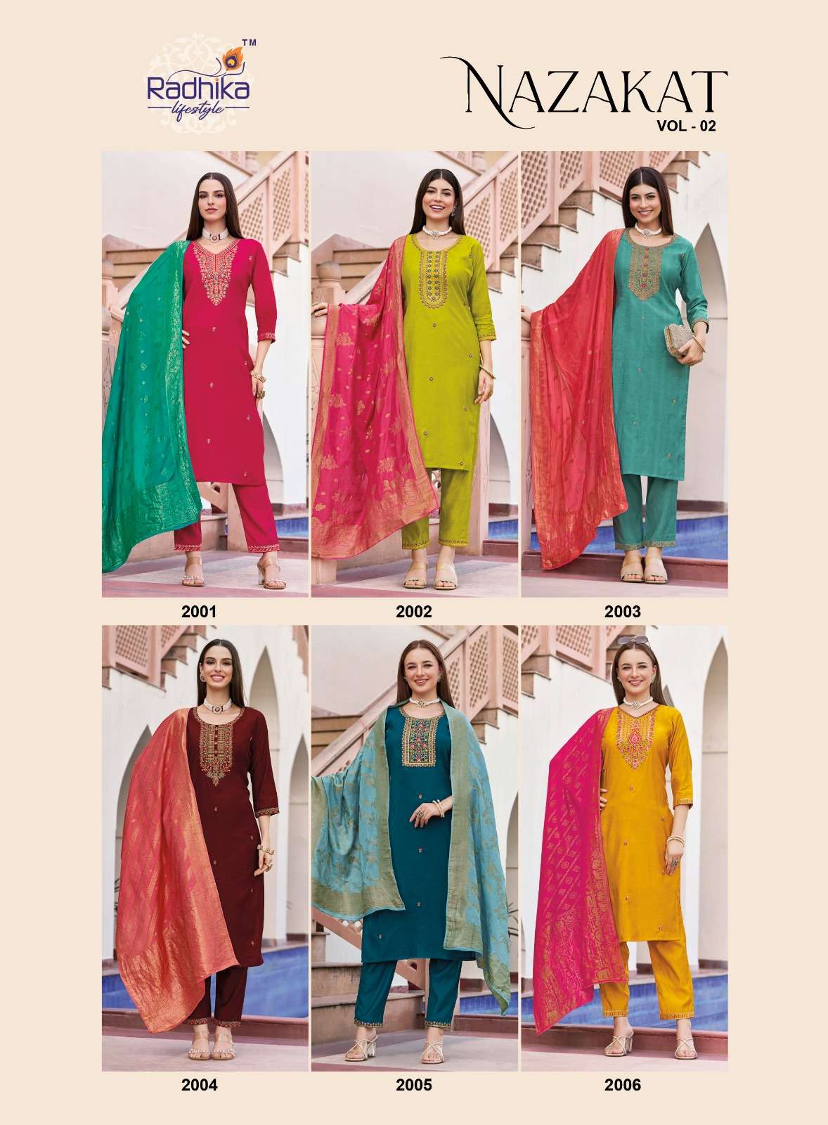 RADHIKA LIFESTYLE NAZAKAT VOL 2 FANCY WORK LADIES KURTI PANT WITH DUPATTA SET