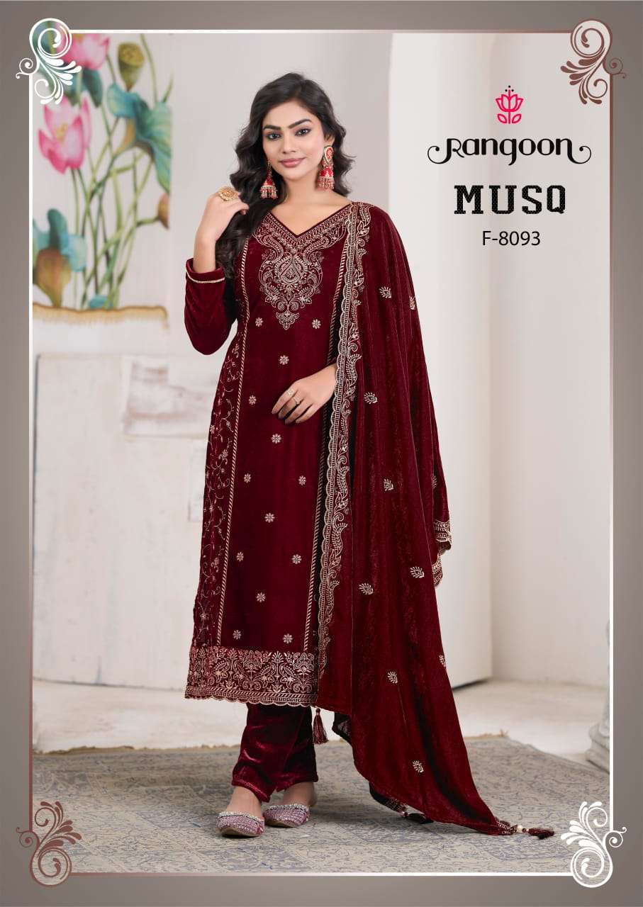 RANGOON MUSQ VELVET EMBROIDERY DESIGNER WINTER WEAR FESTIVE SUIT