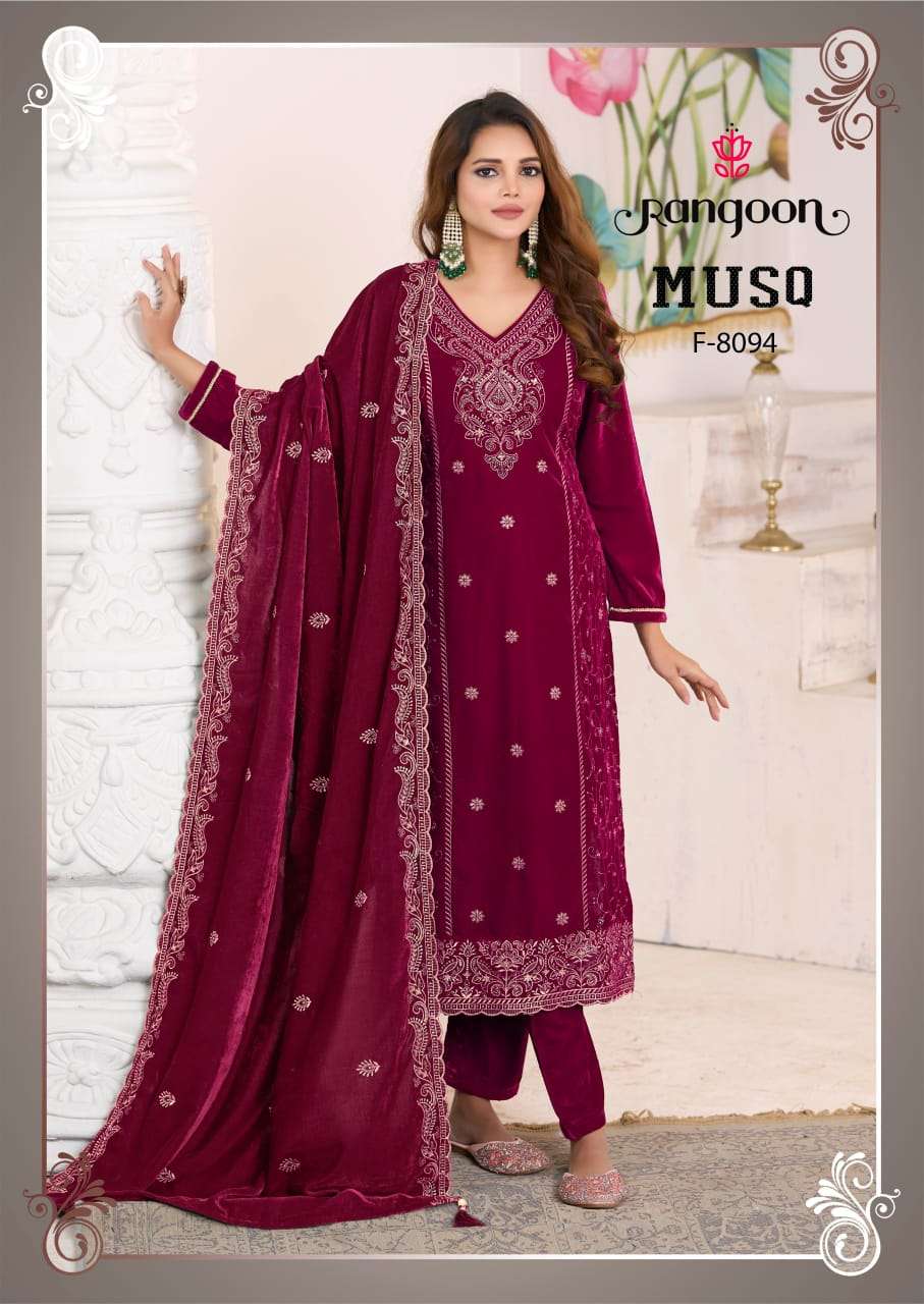 RANGOON MUSQ VELVET EMBROIDERY DESIGNER WINTER WEAR FESTIVE SUIT