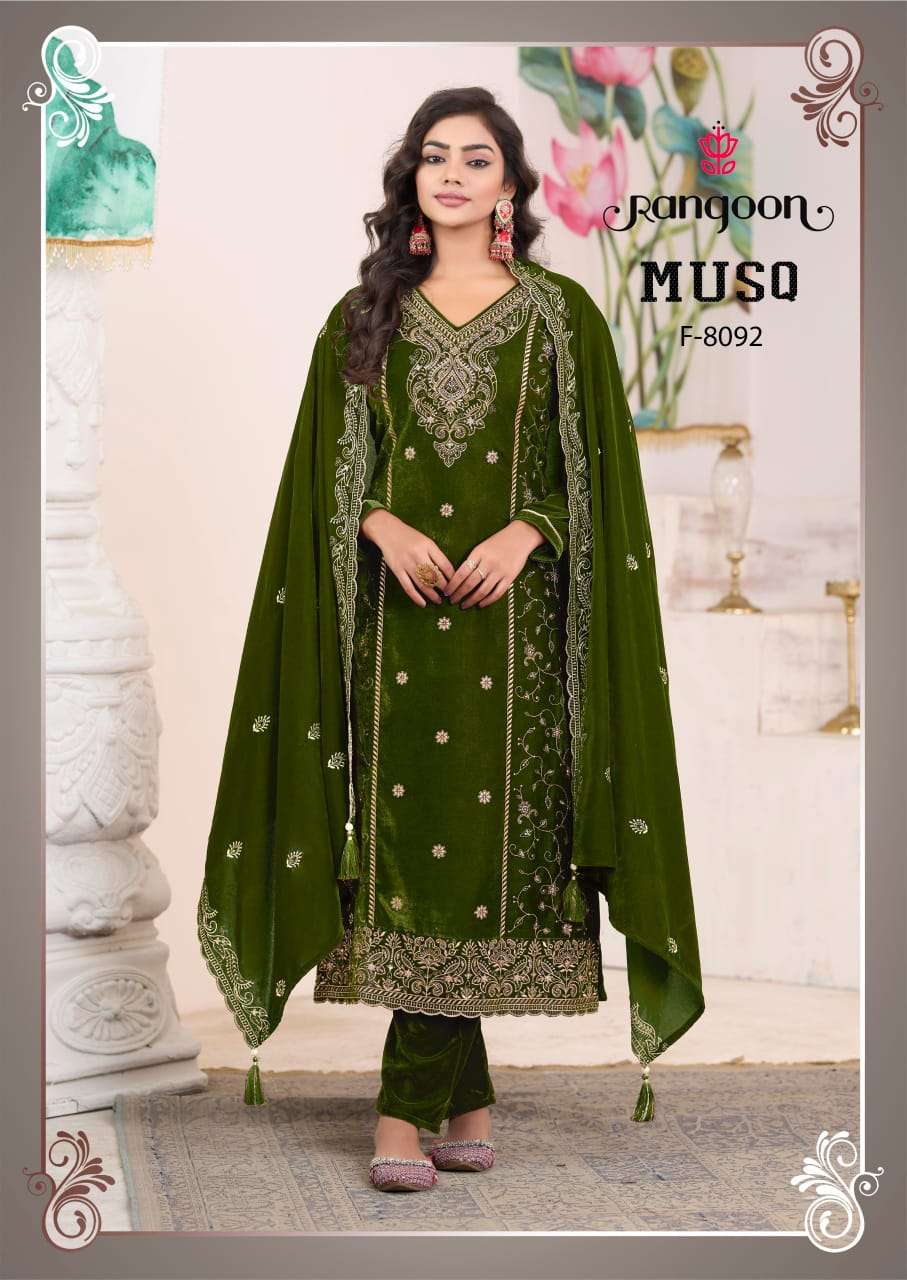 RANGOON MUSQ VELVET EMBROIDERY DESIGNER WINTER WEAR FESTIVE SUIT