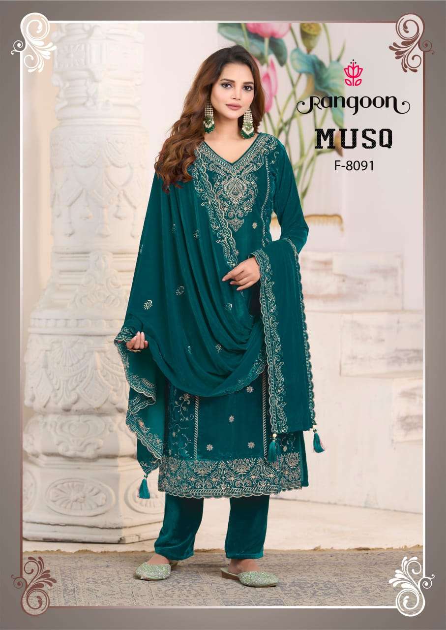 RANGOON MUSQ VELVET EMBROIDERY DESIGNER WINTER WEAR FESTIVE SUIT