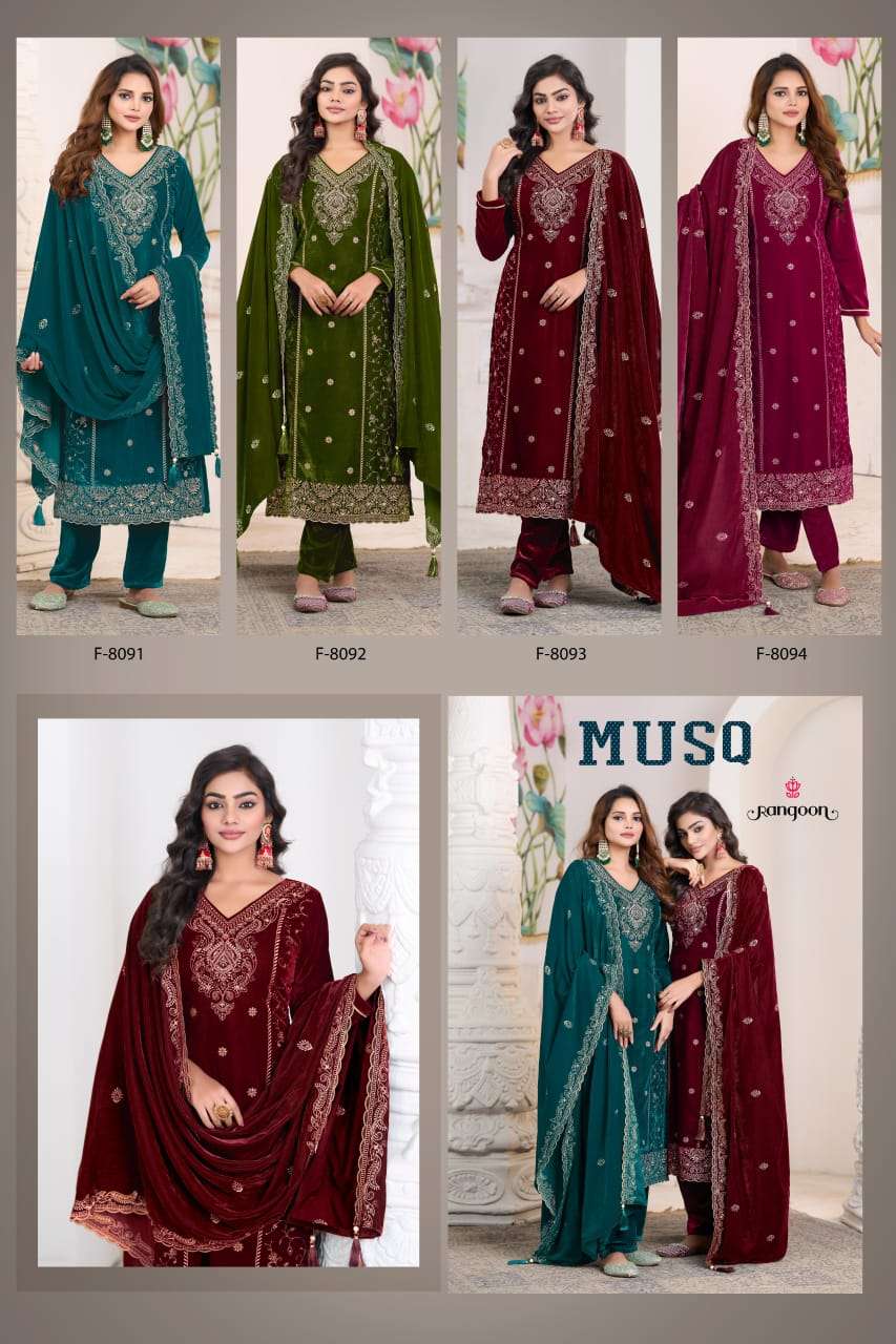 RANGOON MUSQ VELVET EMBROIDERY DESIGNER WINTER WEAR FESTIVE SUIT
