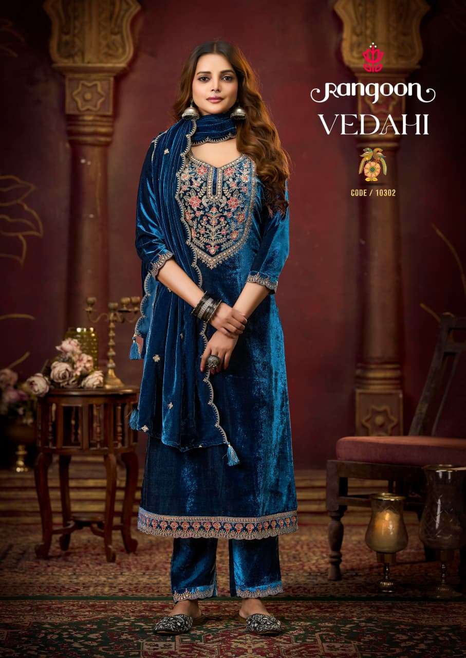 RANGOON VEDAHI VELVET DESIGNER WORK READY MADE LADIES SUIT