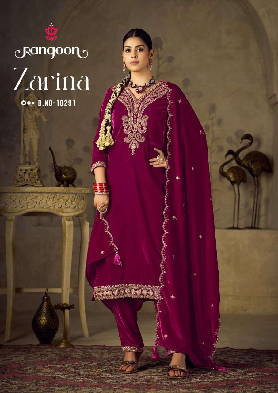 RANGOON ZARINA VELVET WITH HEAVY DESIGNER READY MADE FESTIVE WEAR SUIT