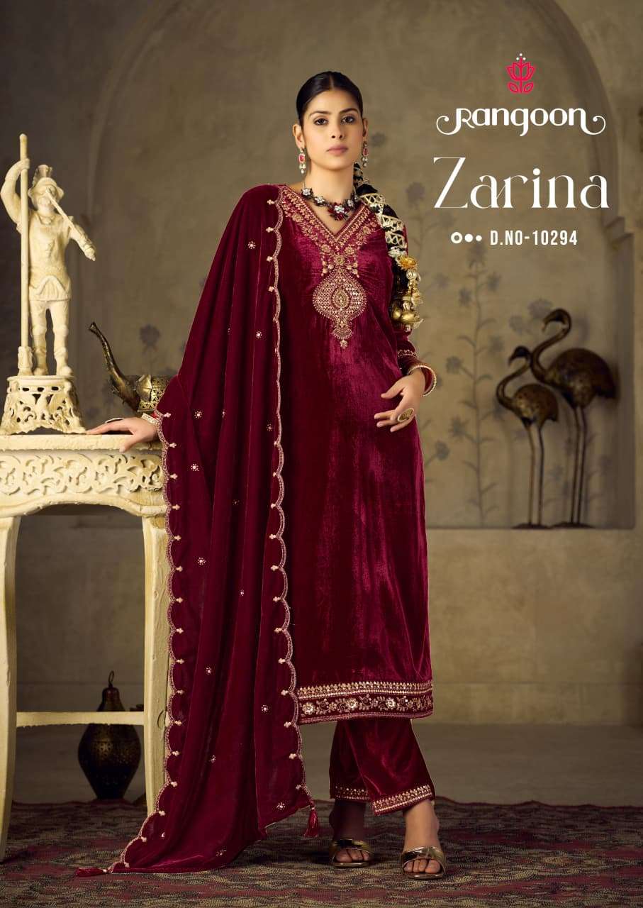 RANGOON ZARINA VELVET WITH HEAVY DESIGNER READY MADE FESTIVE WEAR SUIT