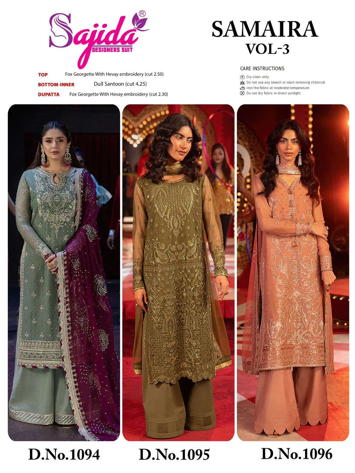 SAJIDA DESIGNER DESIGN NO - 1094-1095-1096 GEORGETTE HEAVY EMBROIDERED KHATLI WORK PAKISTANI SUIT