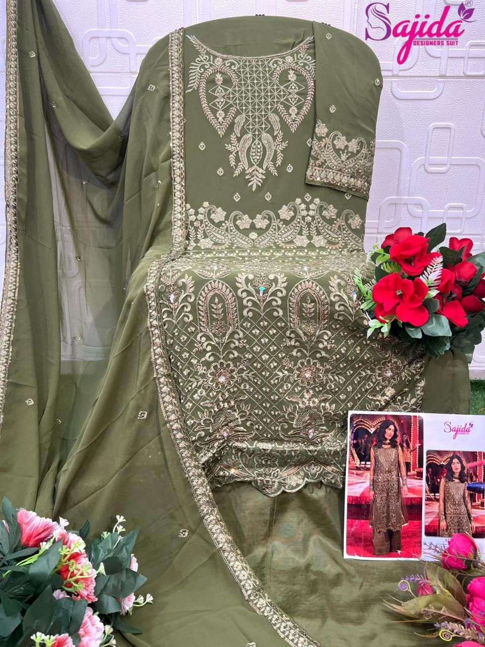 SAJIDA DESIGNER DESIGN NO - 1094-1095-1096 GEORGETTE HEAVY EMBROIDERED KHATLI WORK PAKISTANI SUIT