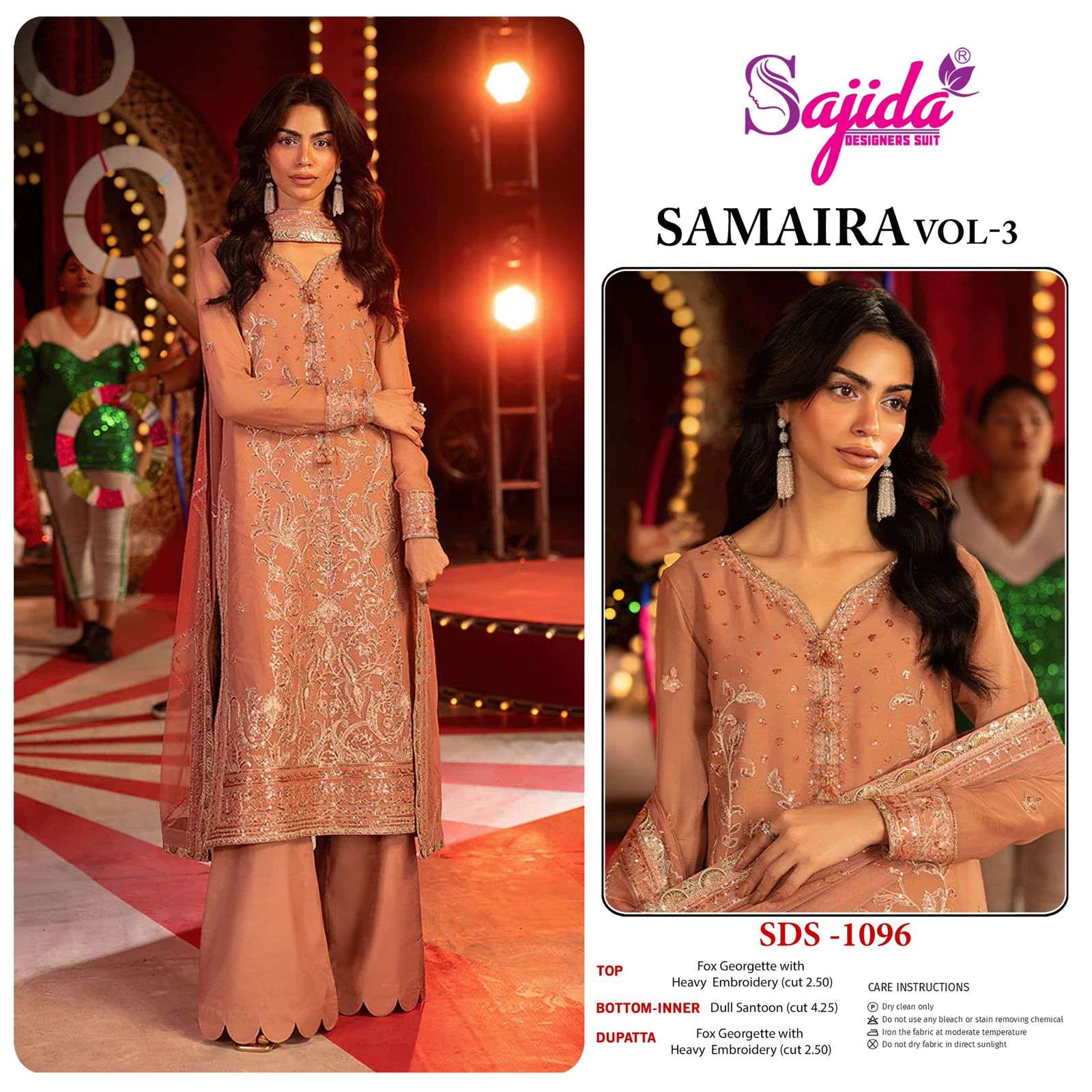 SAJIDA DESIGNER DESIGN NO - 1094-1095-1096 GEORGETTE HEAVY EMBROIDERED KHATLI WORK PAKISTANI SUIT