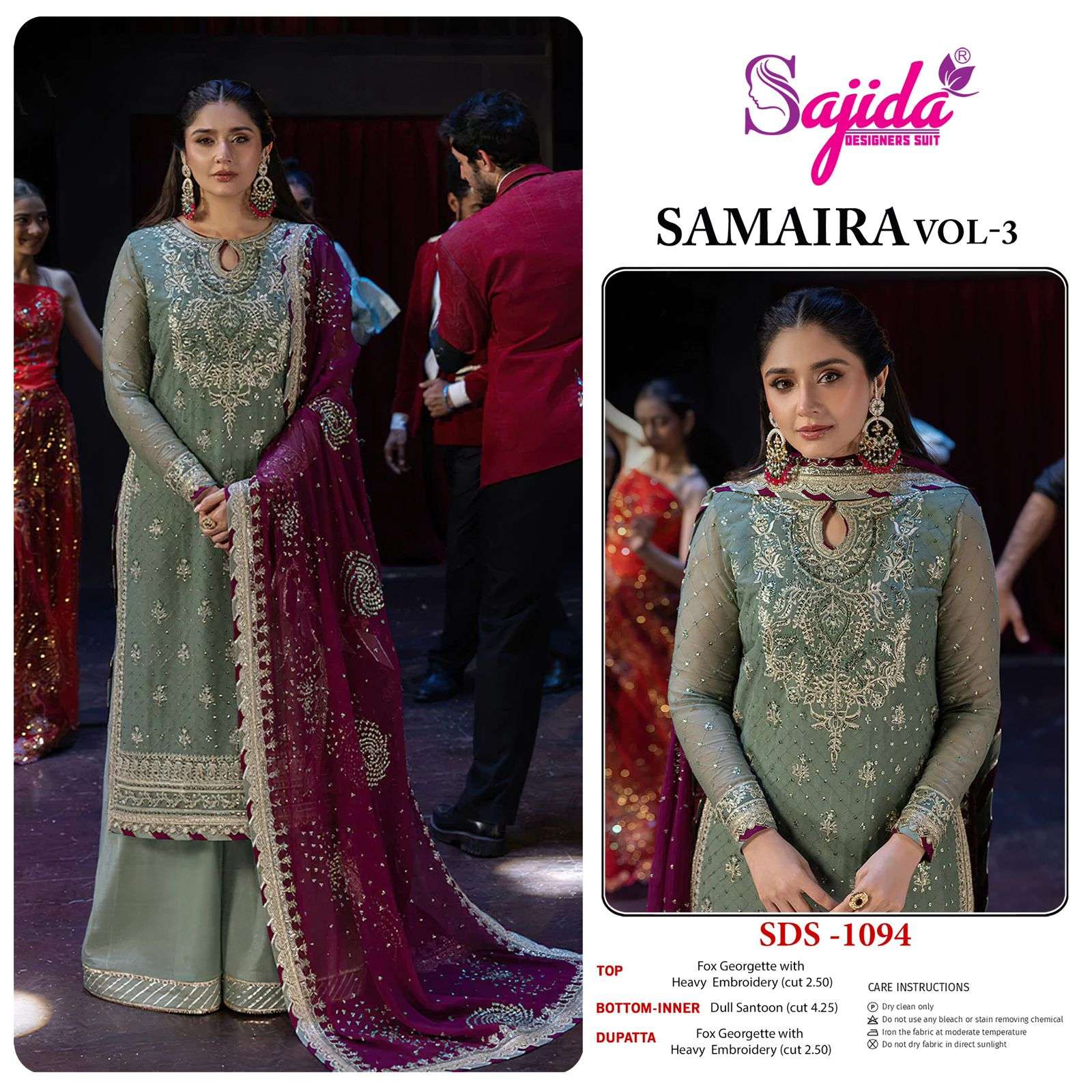 SAJIDA DESIGNER DESIGN NO - 1094-1095-1096 GEORGETTE HEAVY EMBROIDERED KHATLI WORK PAKISTANI SUIT