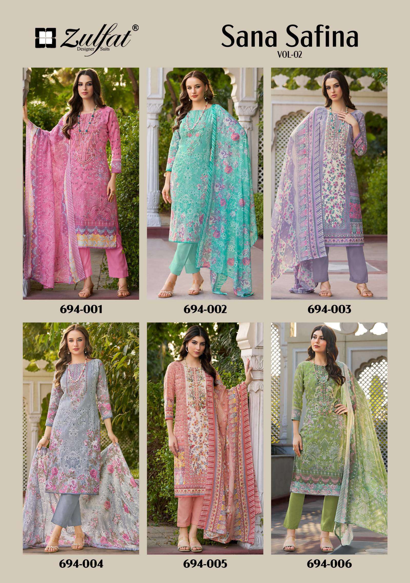 ZULFAT DESIGNER SUITS SANA SAFINA VOL 2 COTTON PRINT WITH FANCY WORK SUIT