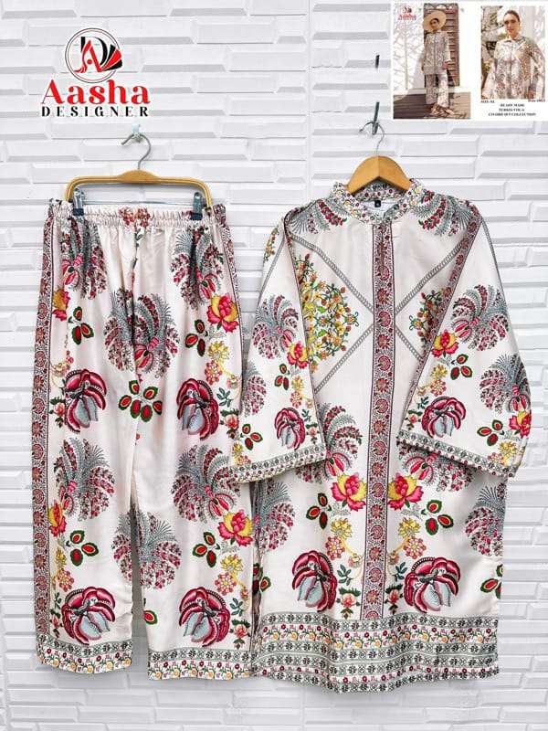 AASHA DESIGNER MODAL SATIN PRINT TURKISH READYMADE CO-ORD SET