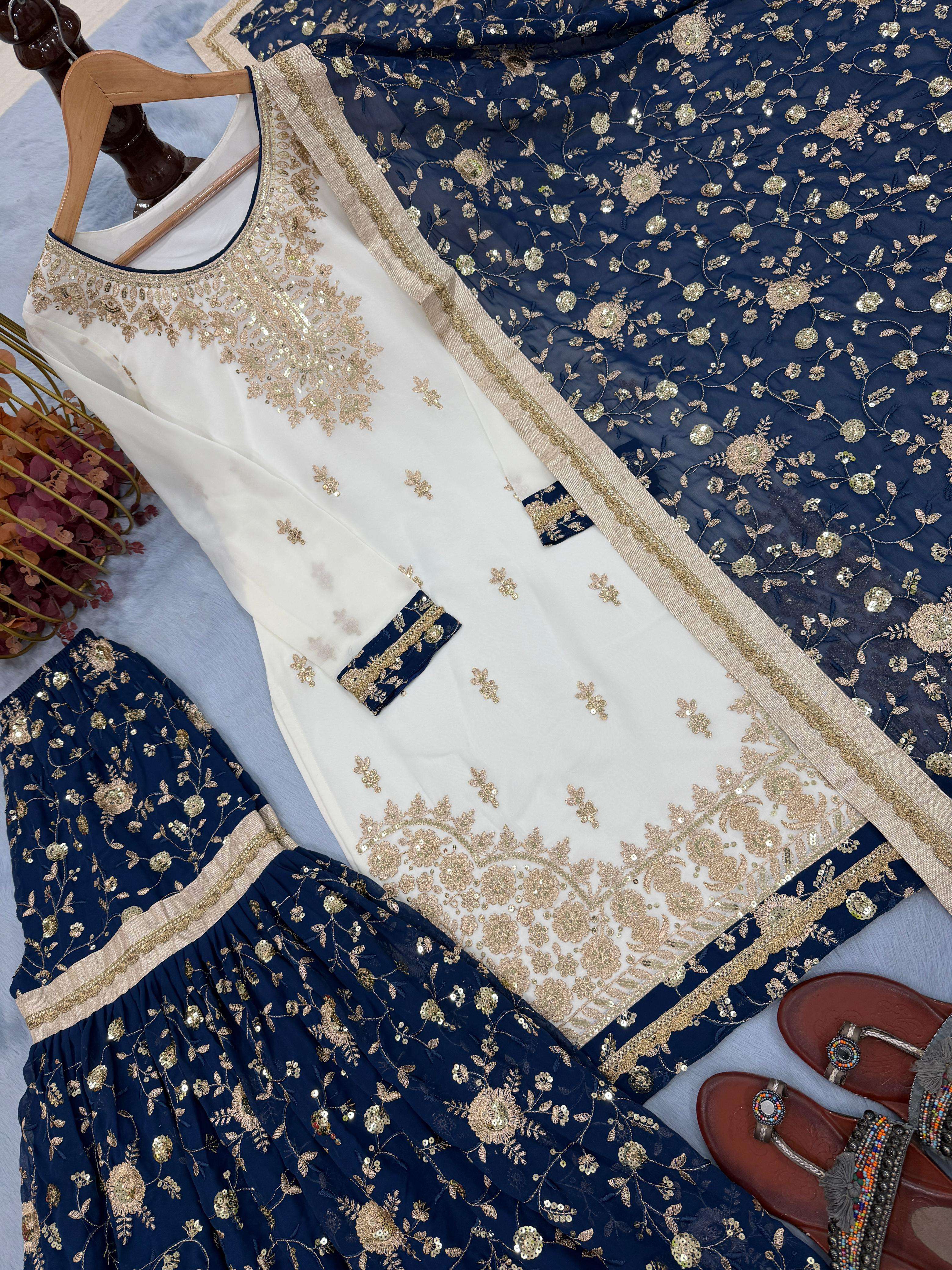 AD 218 GEORGETTE HEAVY EMBROIDERD DESIGNER WEDDING WEAR SHARARA SUIT