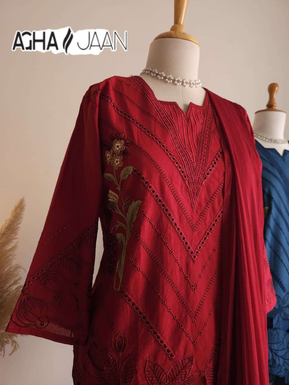 AGHAJAAN DESIGN NO - 1029 CAMBRIC COTTON EMBROIDERED CUT WORK READYMADE PAKISTANI SUIT