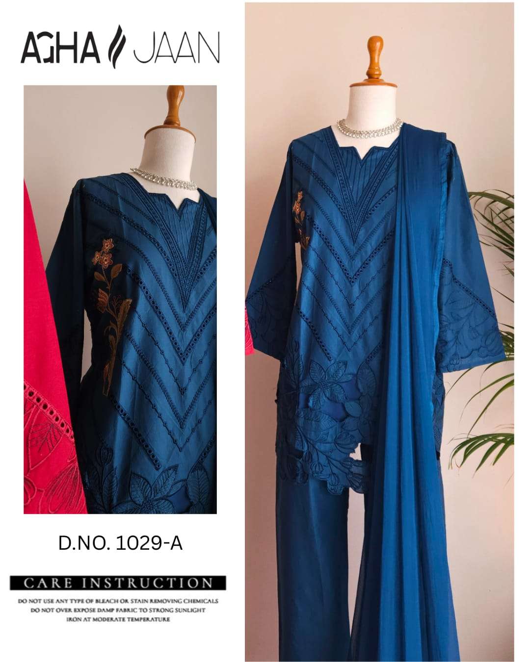 AGHAJAAN DESIGN NO - 1029 CAMBRIC COTTON EMBROIDERED CUT WORK READYMADE PAKISTANI SUIT