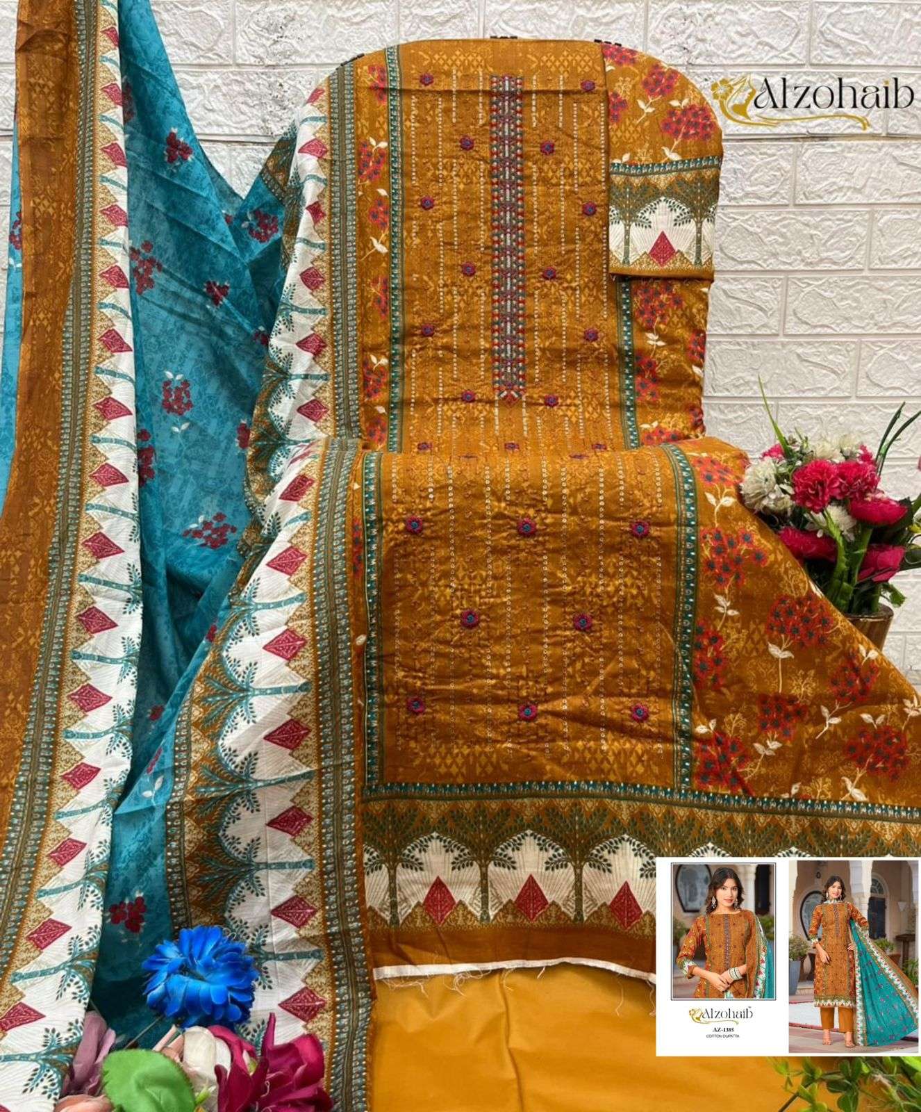 AL ZOHAIB DESIGN NO - 1382-1383-1384-1385 PURE COTTON PRINT HEAVY SELF WORK PAKISTANI SUIT