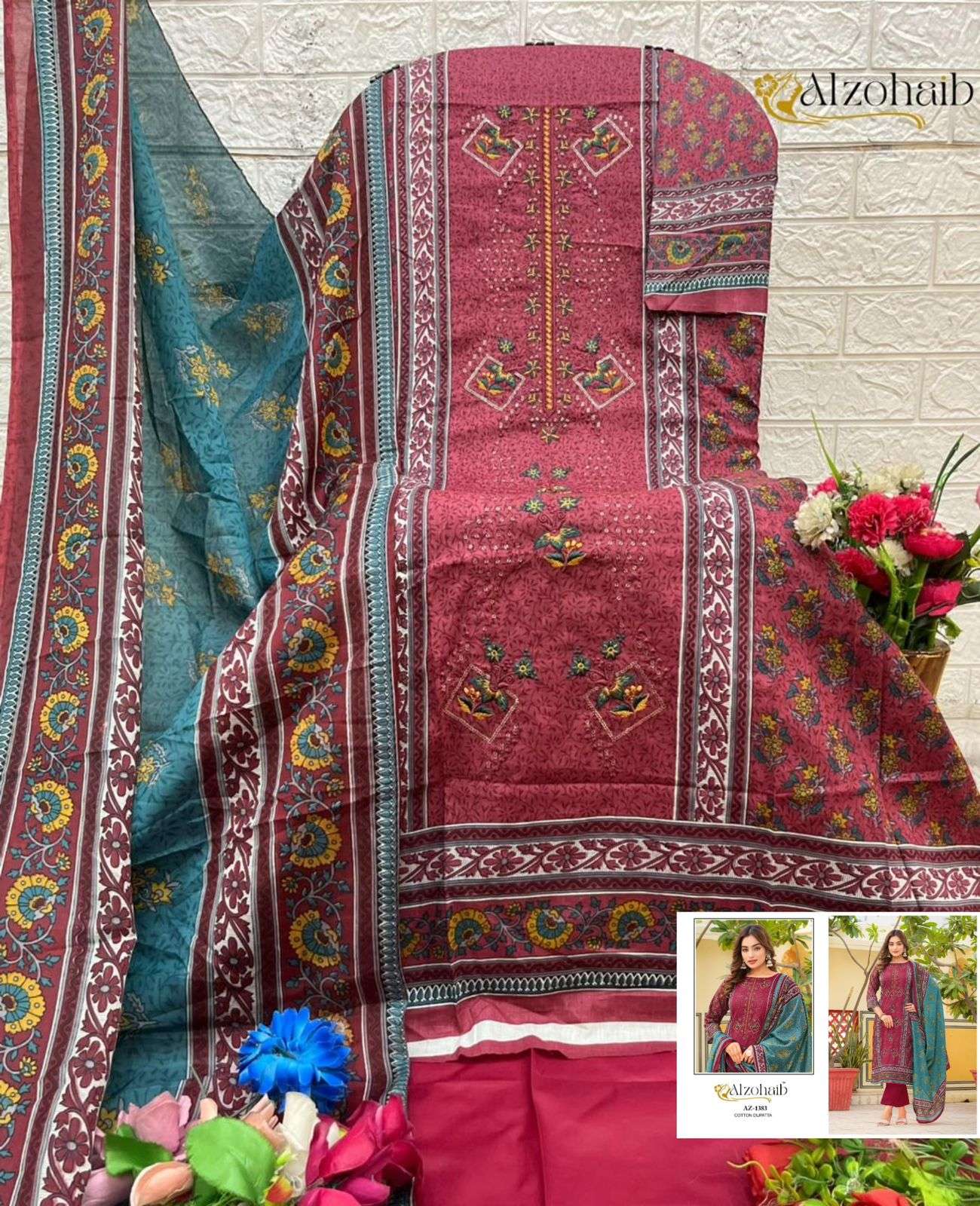 AL ZOHAIB DESIGN NO - 1382-1383-1384-1385 PURE COTTON PRINT HEAVY SELF WORK PAKISTANI SUIT