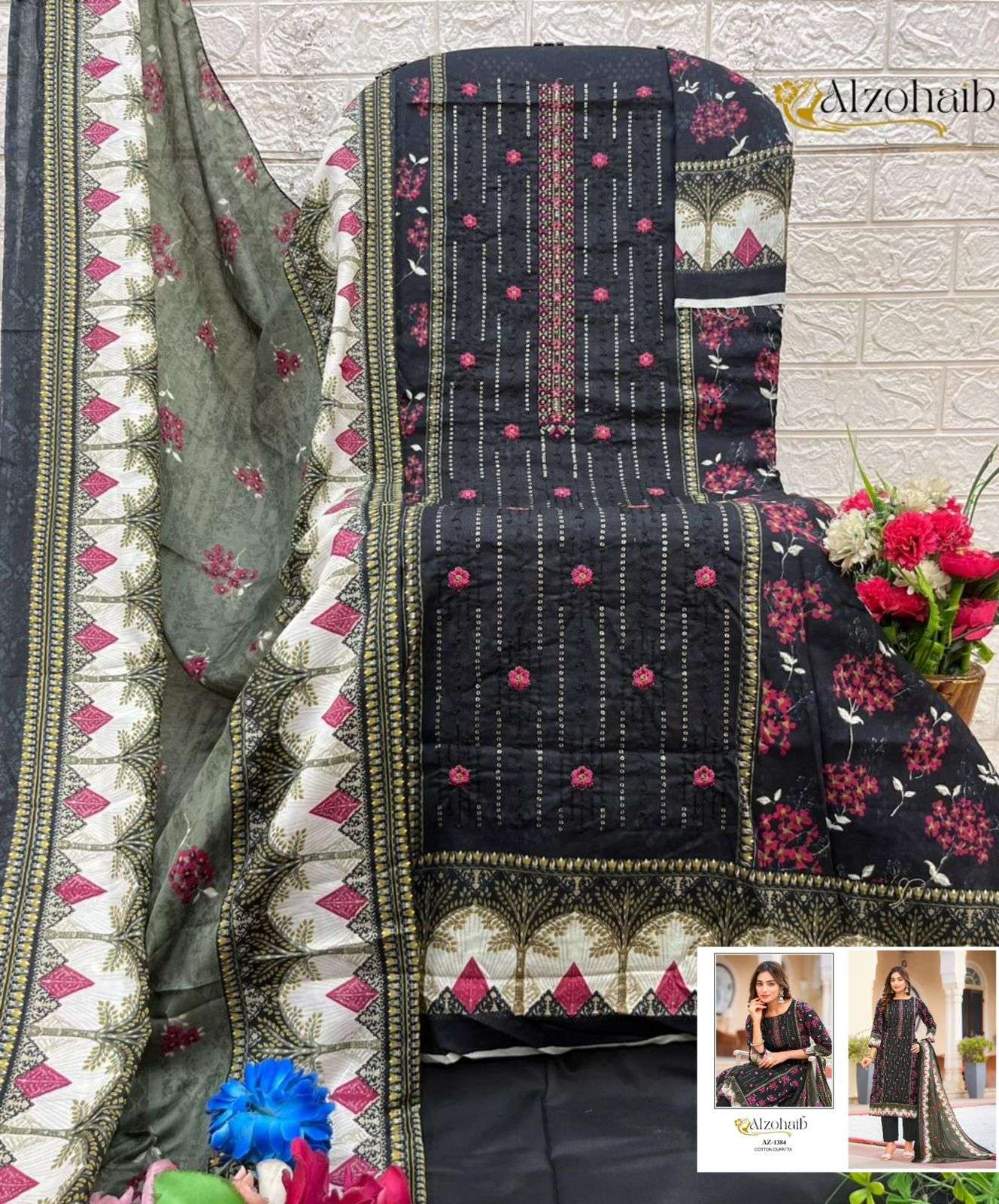 AL ZOHAIB DESIGN NO - 1382-1383-1384-1385 PURE COTTON PRINT HEAVY SELF WORK PAKISTANI SUIT