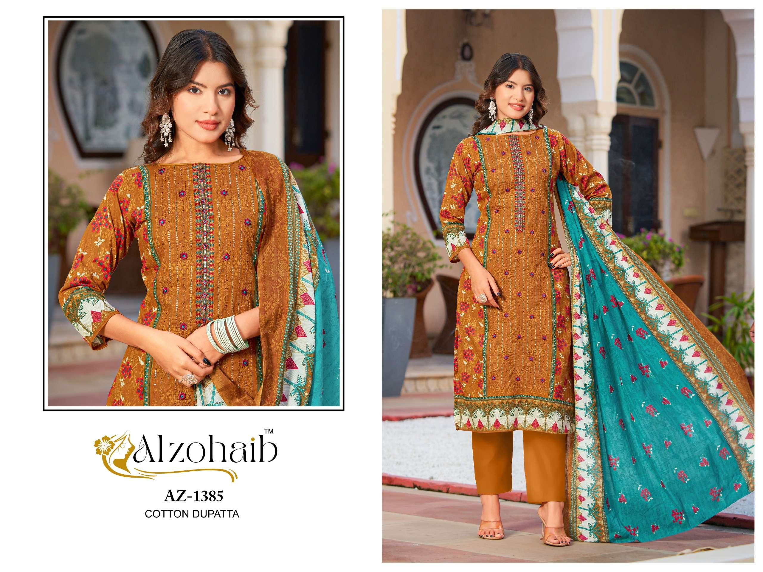 AL ZOHAIB DESIGN NO - 1382-1383-1384-1385 PURE COTTON PRINT HEAVY SELF WORK PAKISTANI SUIT