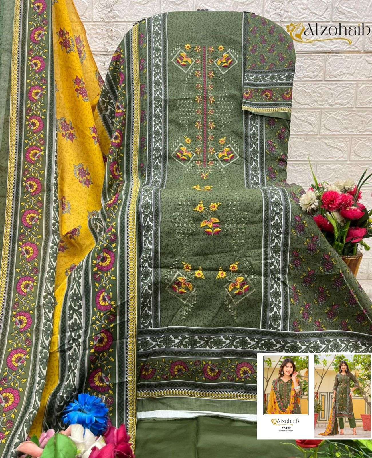 AL ZOHAIB DESIGN NO - 1382-1383-1384-1385 PURE COTTON PRINT HEAVY SELF WORK PAKISTANI SUIT