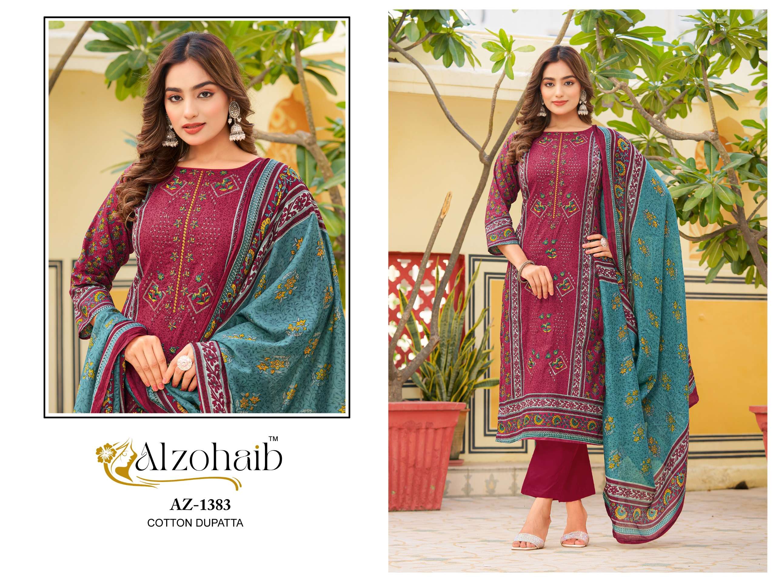 AL ZOHAIB DESIGN NO - 1382-1383-1384-1385 PURE COTTON PRINT HEAVY SELF WORK PAKISTANI SUIT