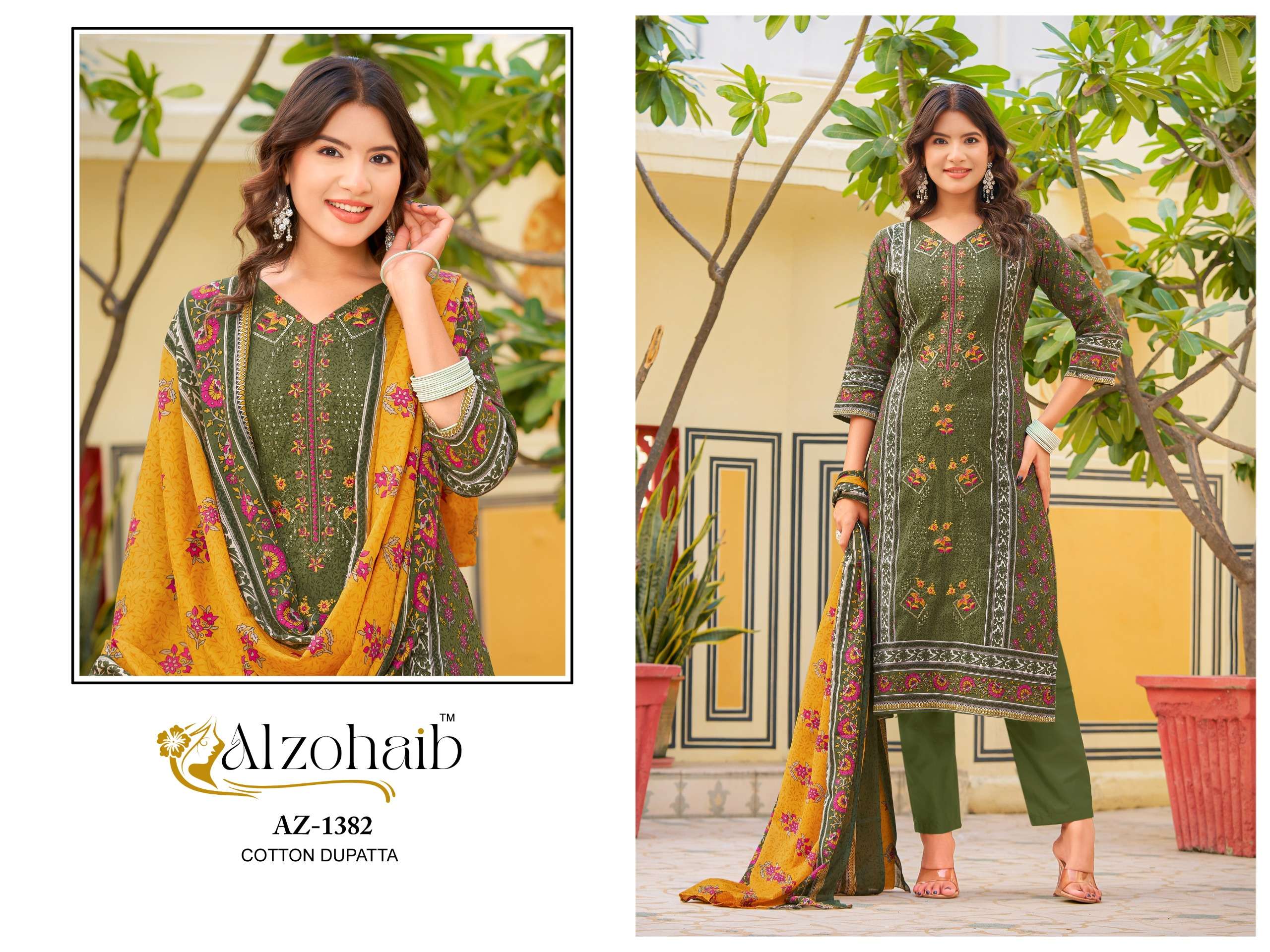 AL ZOHAIB DESIGN NO - 1382-1383-1384-1385 PURE COTTON PRINT HEAVY SELF WORK PAKISTANI SUIT