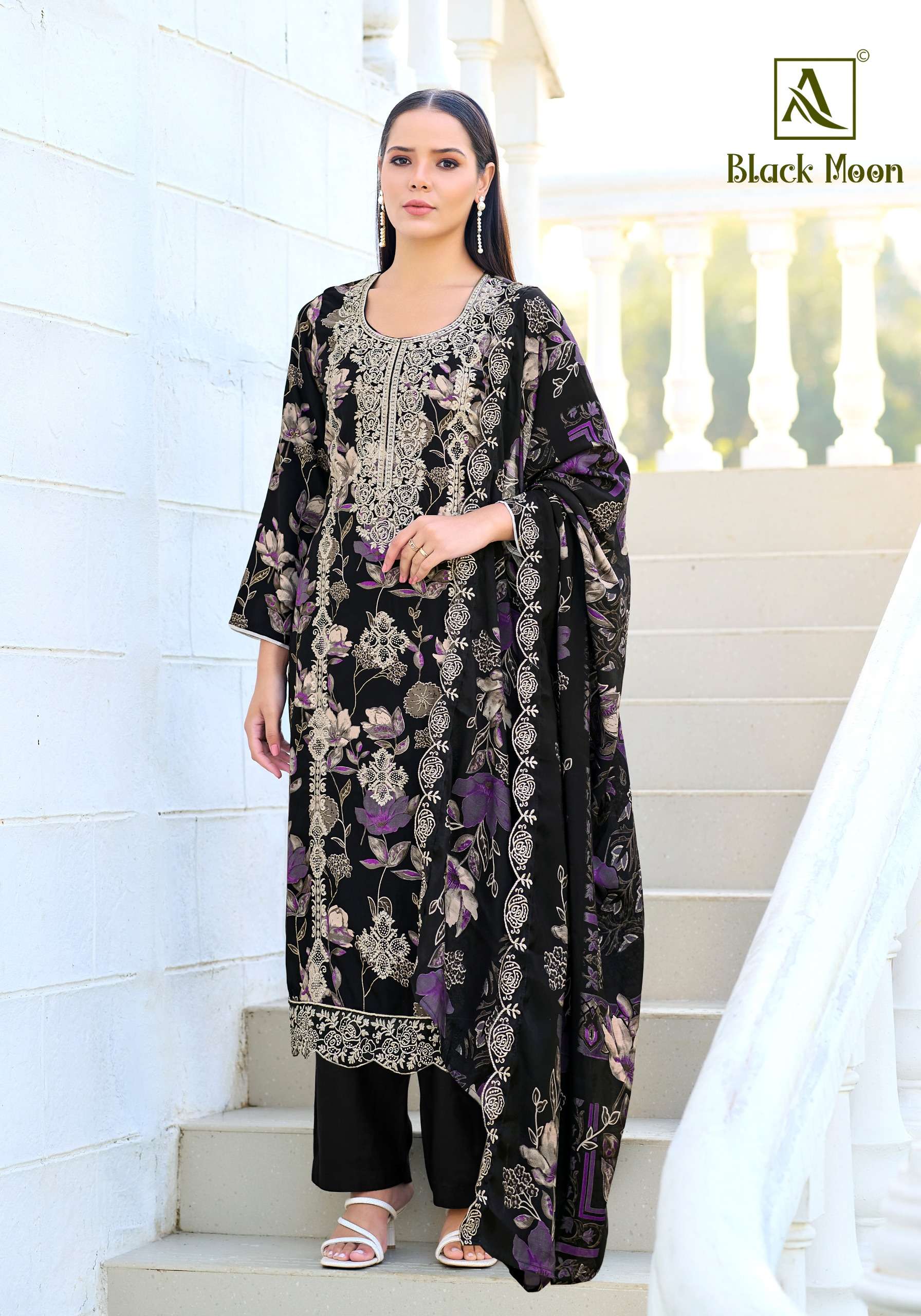 ALOK SUITS BLACK MOON VISCOSE PRINT WITH FANCY EMBROIDERY WORK SUIT