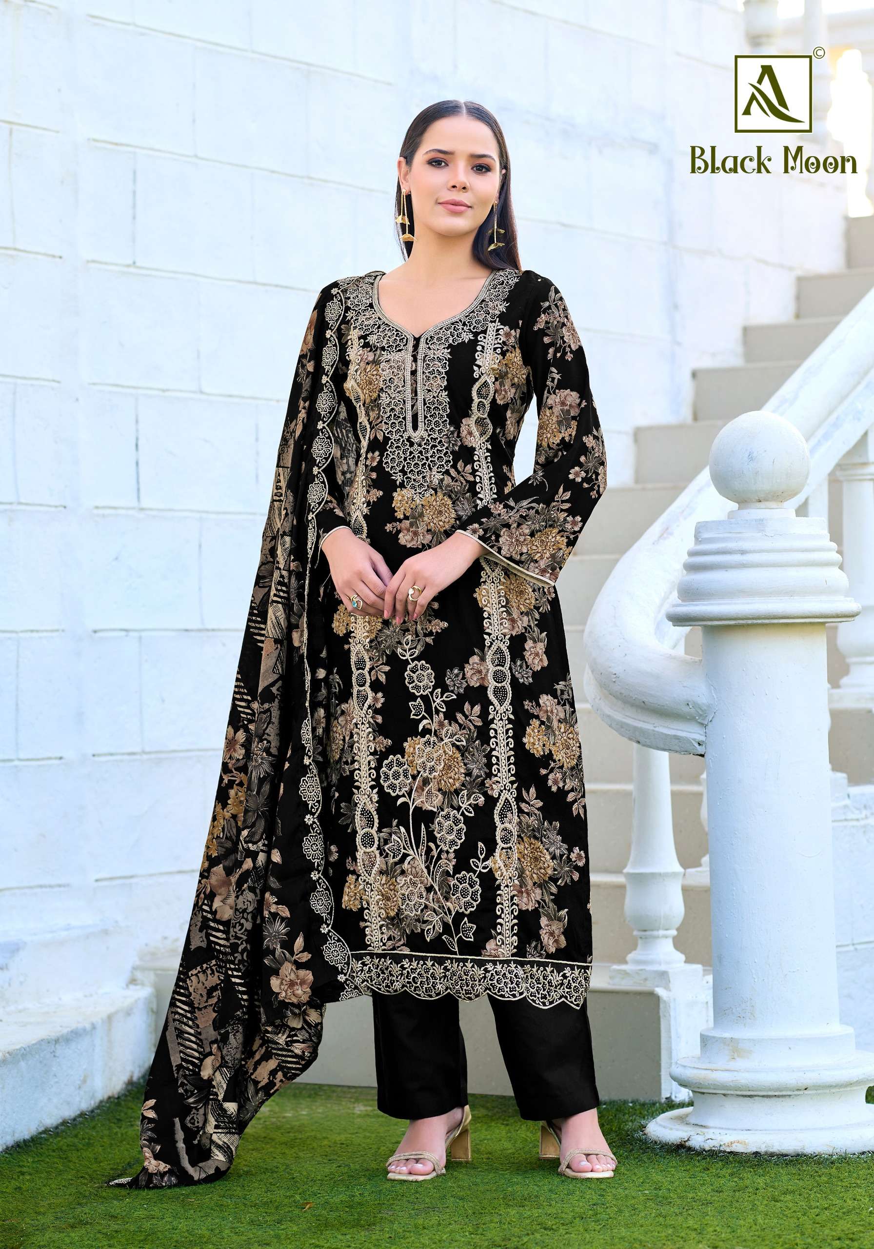 ALOK SUITS BLACK MOON VISCOSE PRINT WITH FANCY EMBROIDERY WORK SUIT