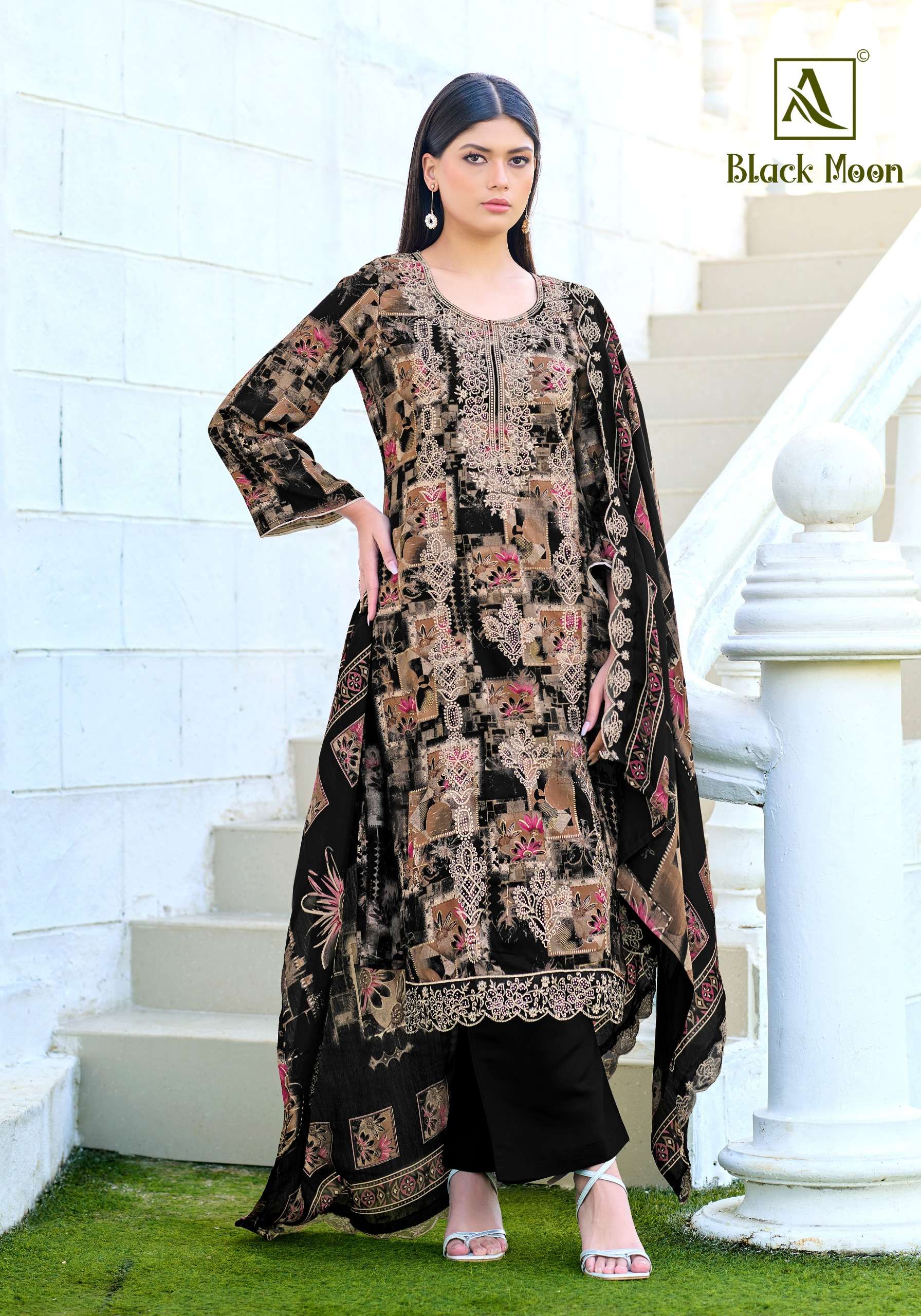 ALOK SUITS BLACK MOON VISCOSE PRINT WITH FANCY EMBROIDERY WORK SUIT