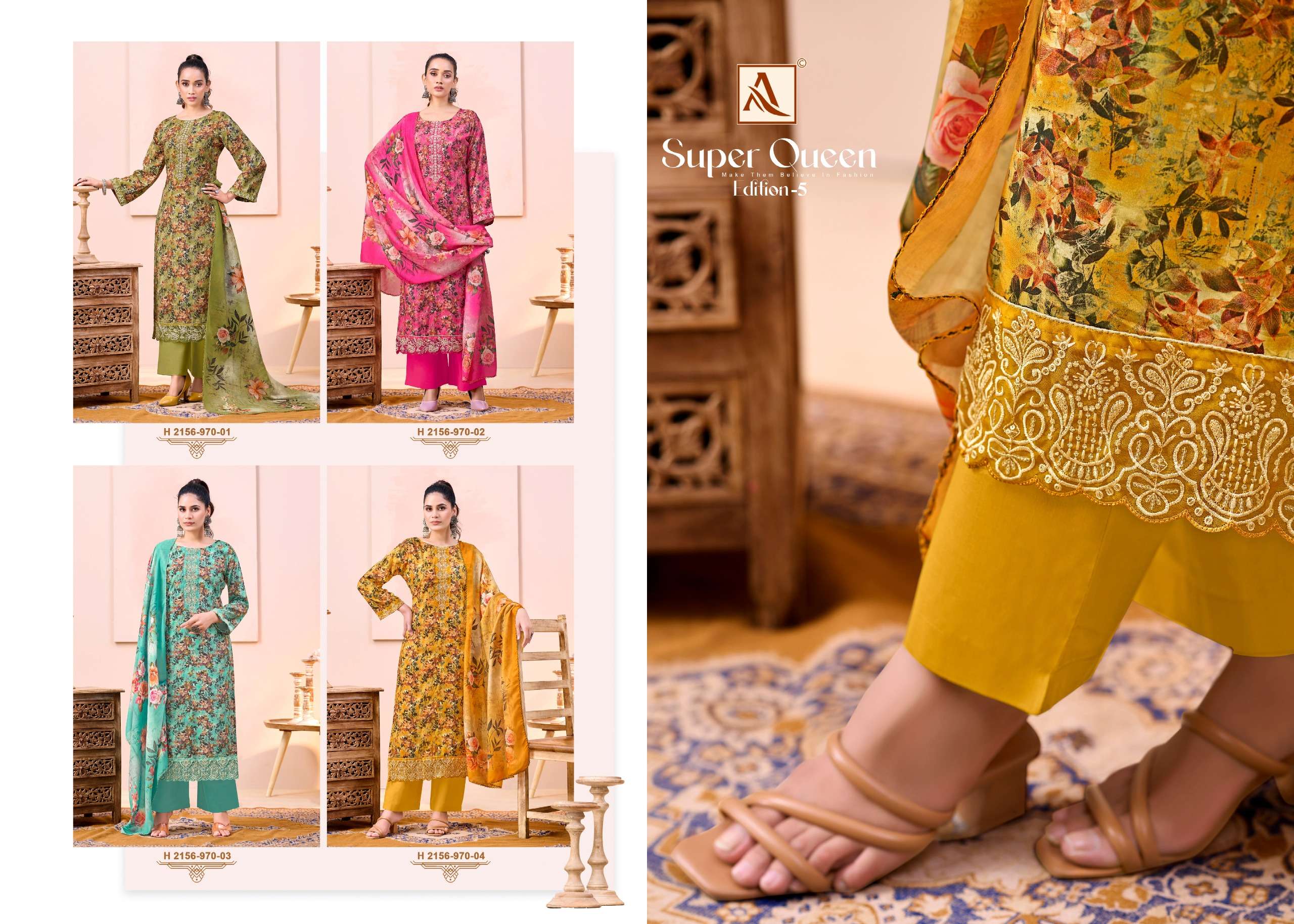 ALOK SUITS SUPER QUEEN EDITION 5 VISCOSE PRINT WITH FANCY WORK SUIT