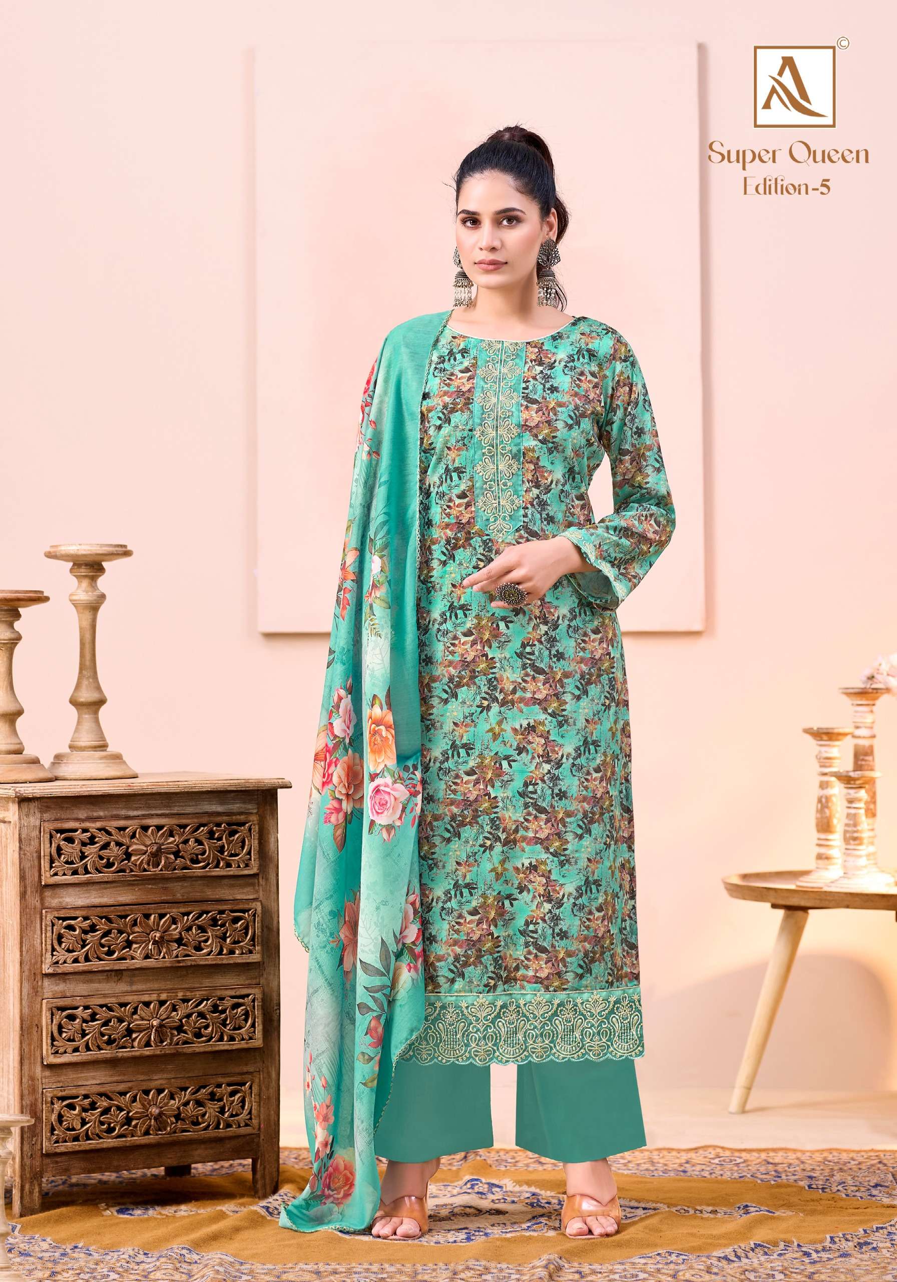 ALOK SUITS SUPER QUEEN EDITION 5 VISCOSE PRINT WITH FANCY WORK SUIT