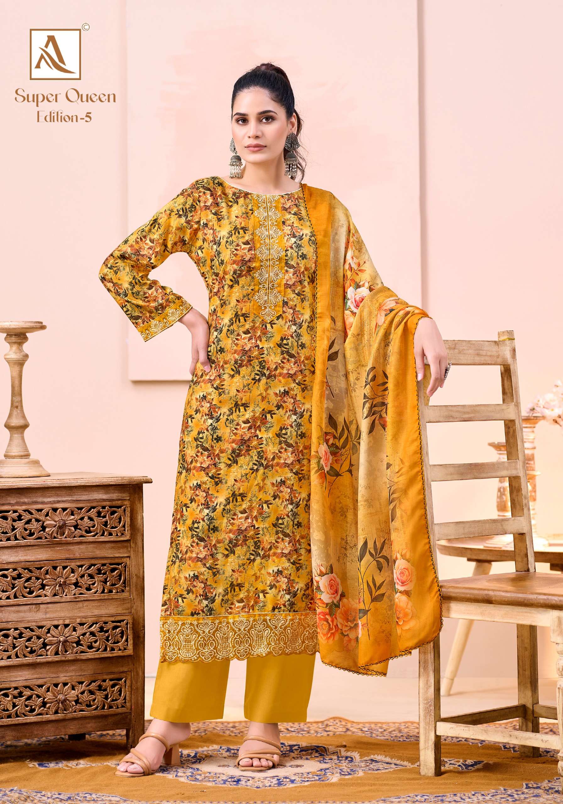 ALOK SUITS SUPER QUEEN EDITION 5 VISCOSE PRINT WITH FANCY WORK SUIT
