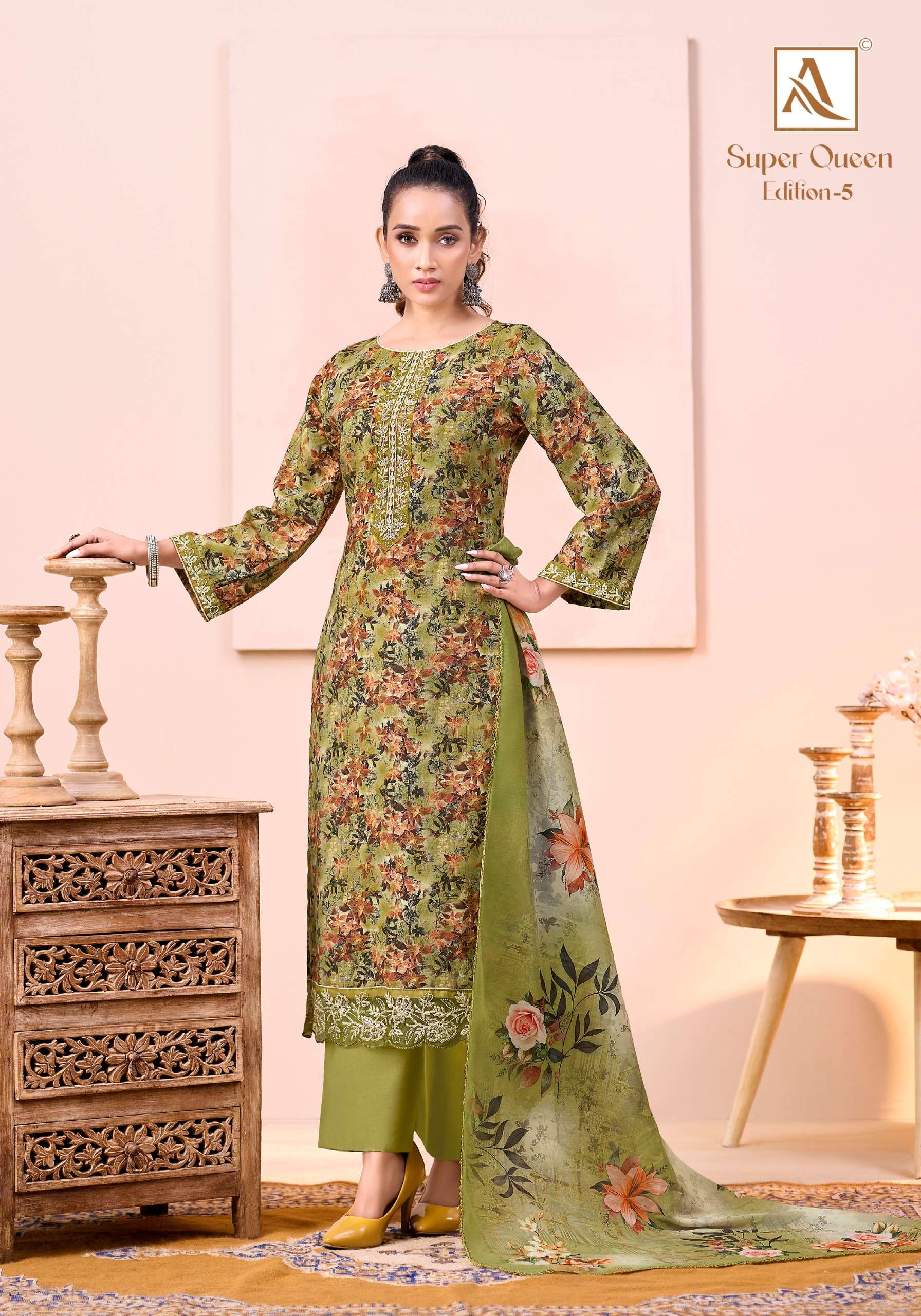 ALOK SUITS SUPER QUEEN EDITION 5 VISCOSE PRINT WITH FANCY WORK SUIT