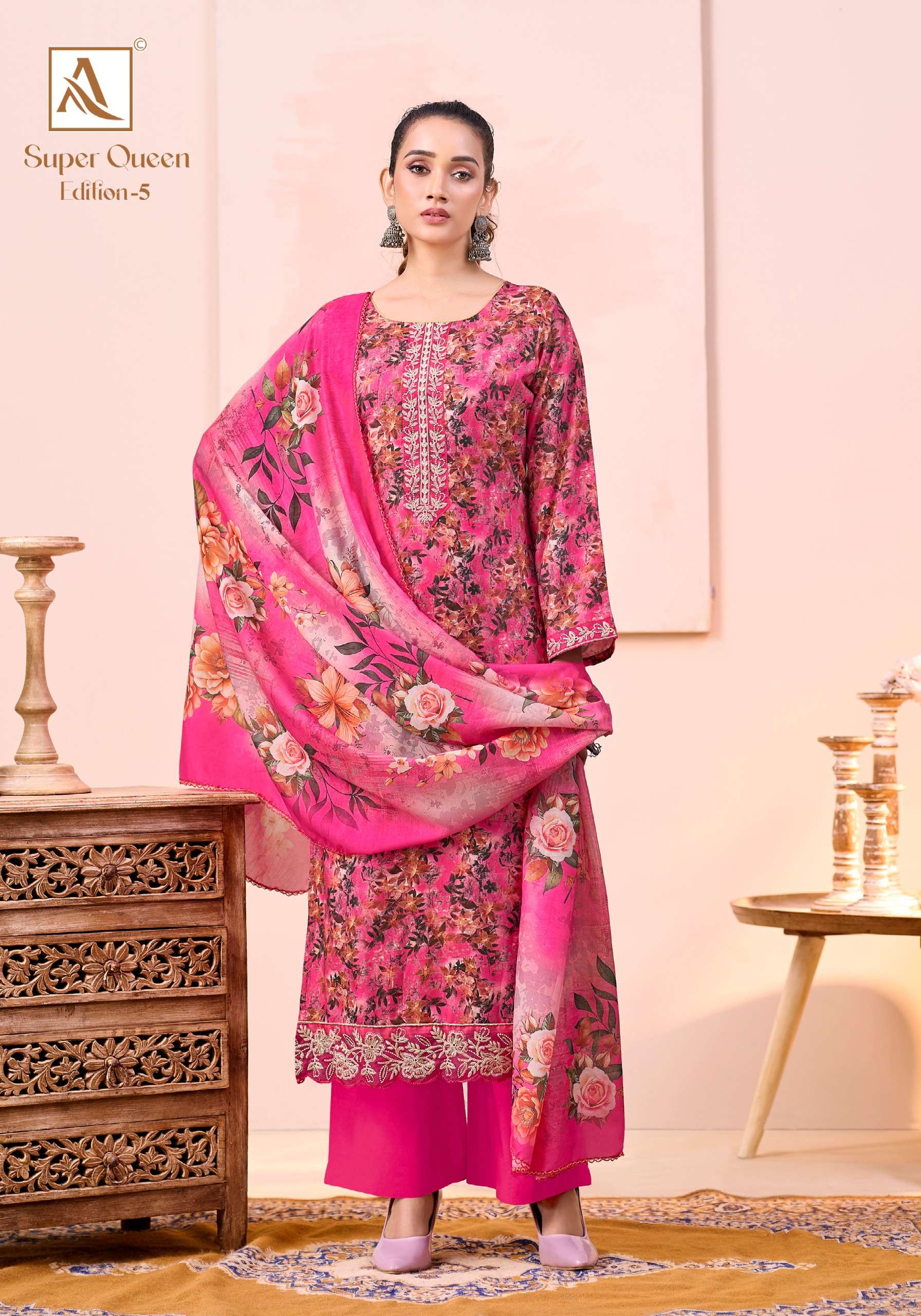 ALOK SUITS SUPER QUEEN EDITION 5 VISCOSE PRINT WITH FANCY WORK SUIT