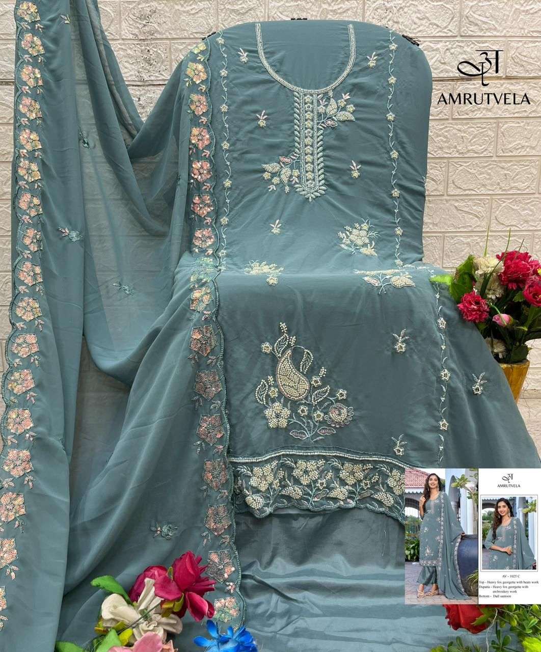 AMRUTVELA DESIGN NO - 1025 HEAVY FOX GEORGETTE BEADS EMBROIDERED PAKISTANI SUIT