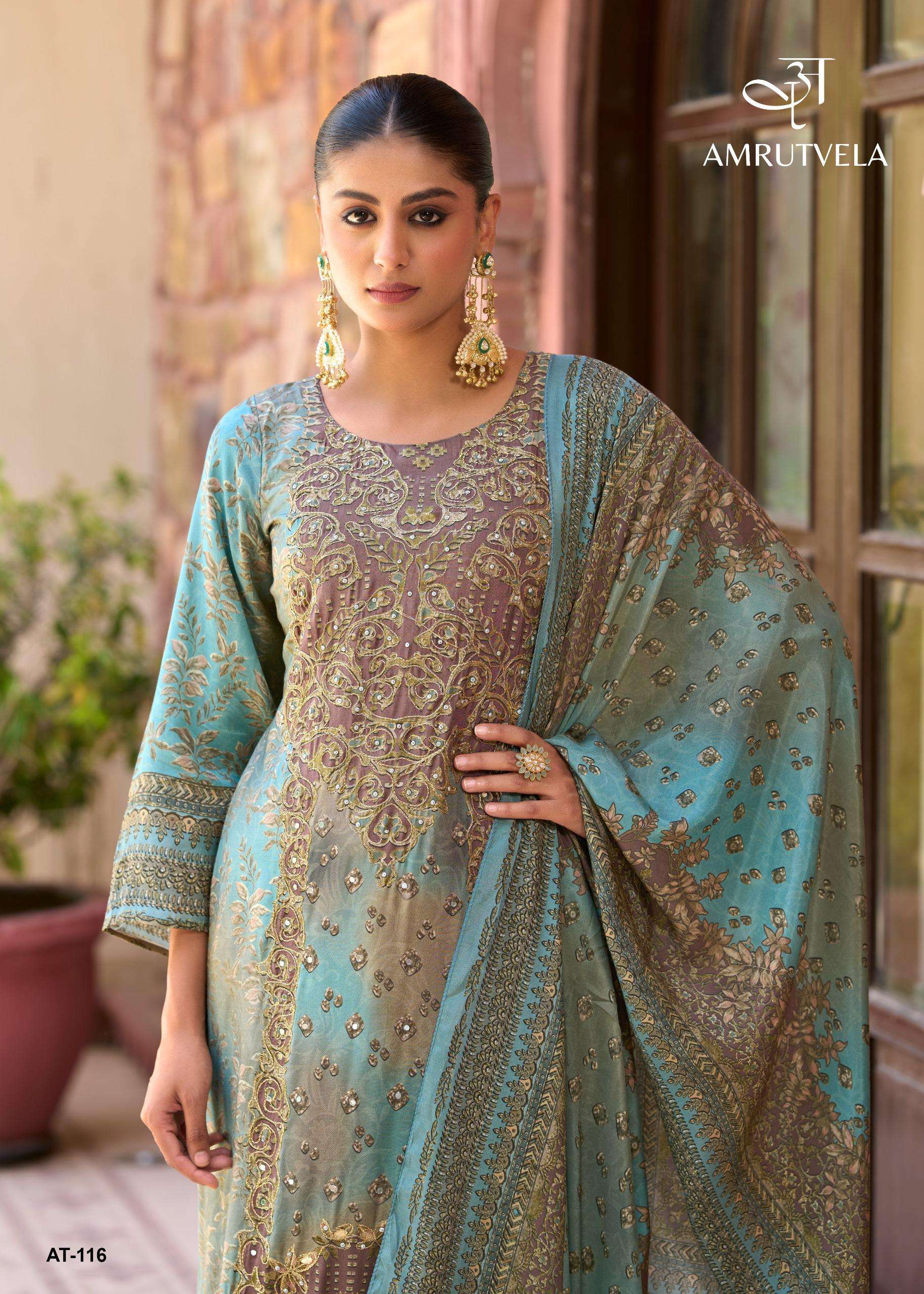 AMRUTVELA DESIGN NO - 116 PURE VISCOSE MUSLIN DIGITAL PRINT AARI HANDWORK PAKISTANI SUIT