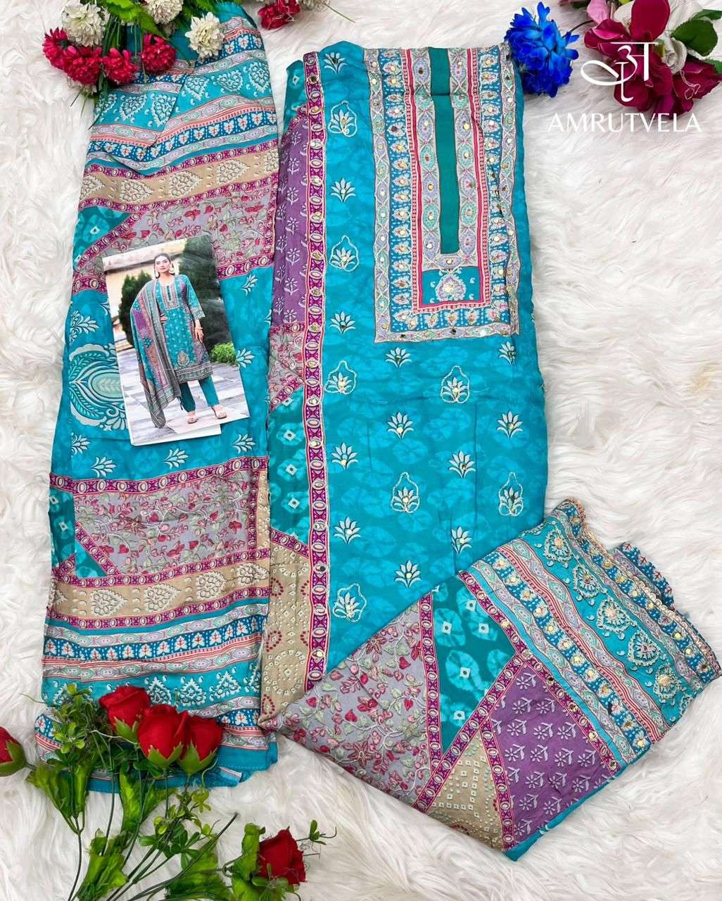 AMRUTVELA DESIGN NO - 141 ABCD PURE VISCOSE MUSLIN DIGITAL PRINT AARI HANDWORK PAKISTANI SUIT