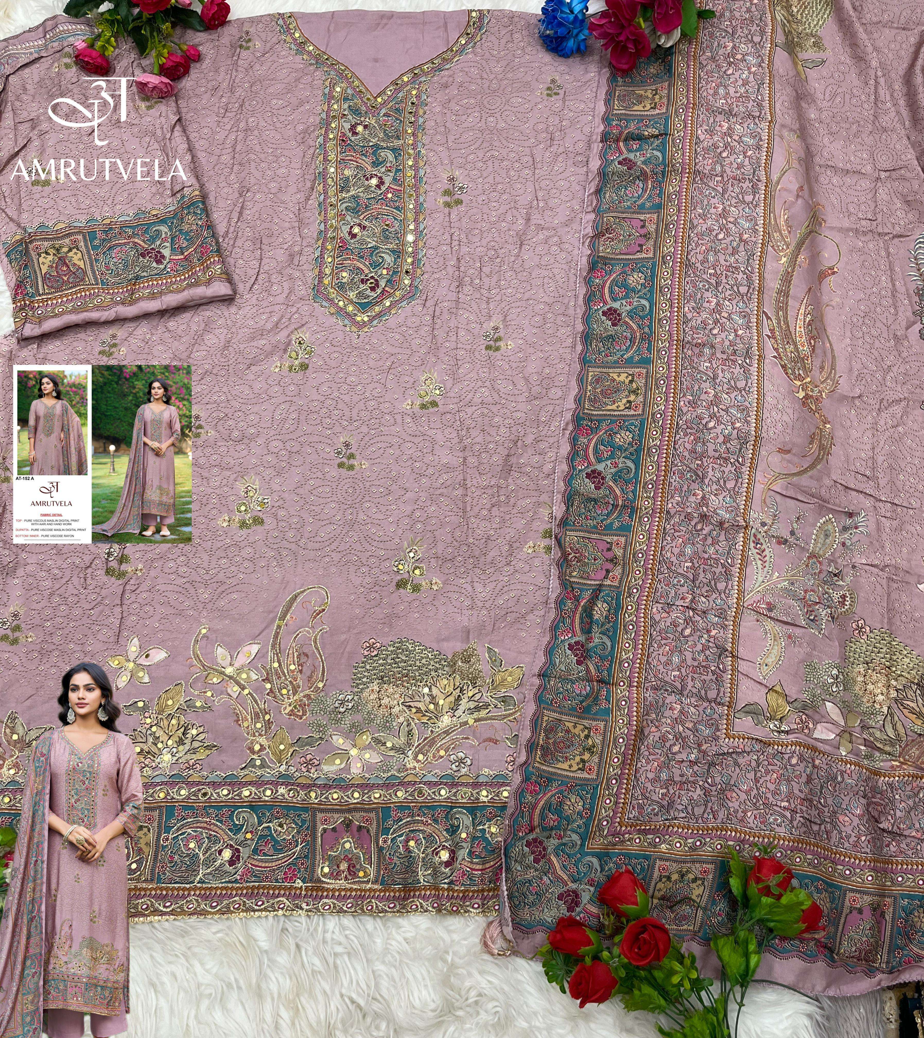 AMRUTVELA DESIGN NO - 152 ABCDEF PURE VISCOSE MUSLIN DIGITAL PRINT AARI HANDWORK PAKISTANI SUIT