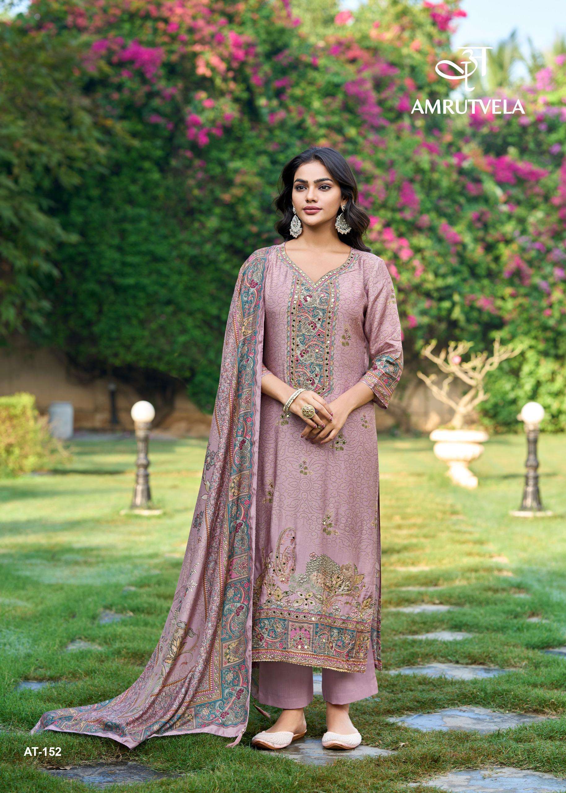 AMRUTVELA DESIGN NO - 152 ABCDEF PURE VISCOSE MUSLIN DIGITAL PRINT AARI HANDWORK PAKISTANI SUIT
