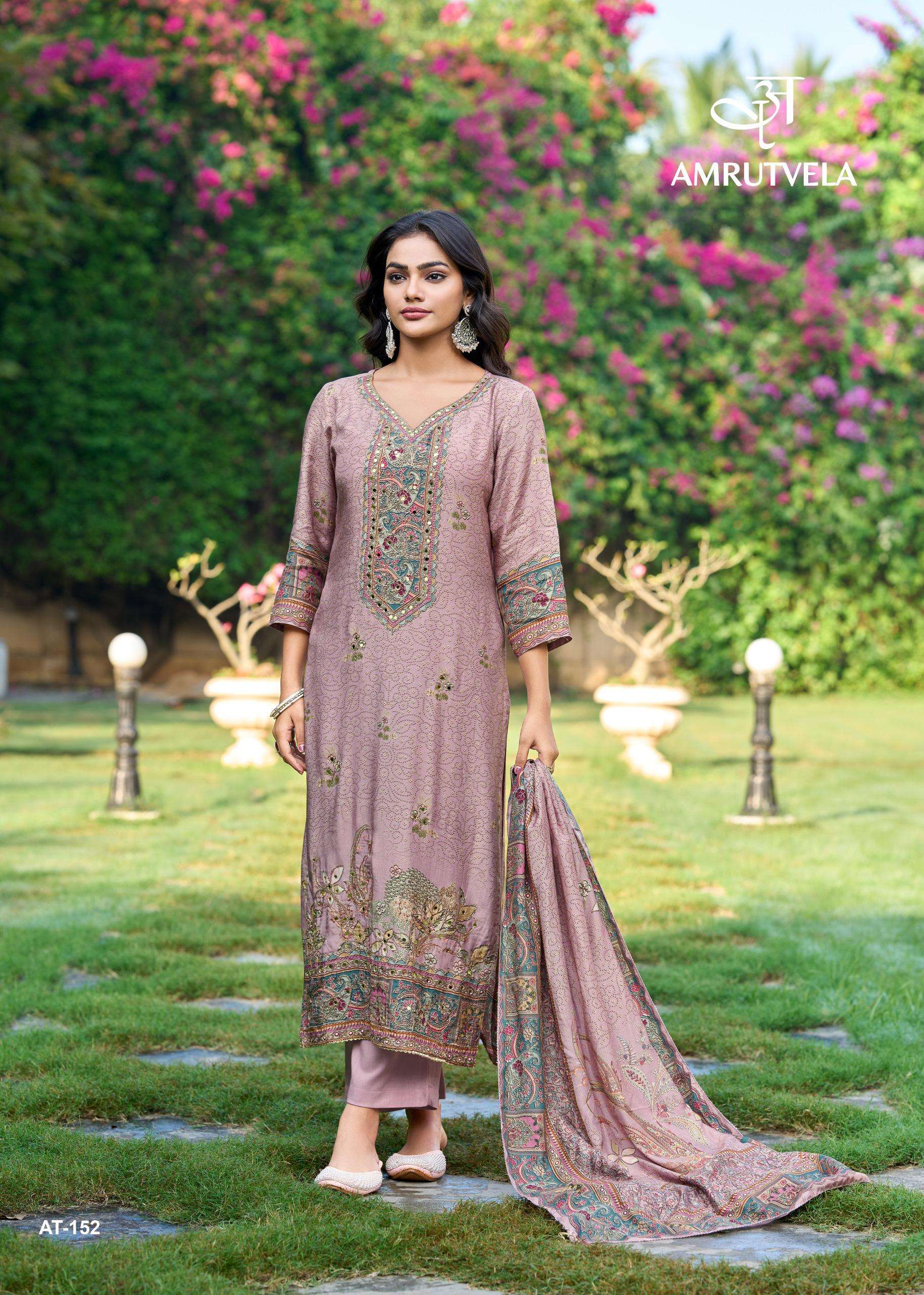 AMRUTVELA DESIGN NO - 152 ABCDEF PURE VISCOSE MUSLIN DIGITAL PRINT AARI HANDWORK PAKISTANI SUIT