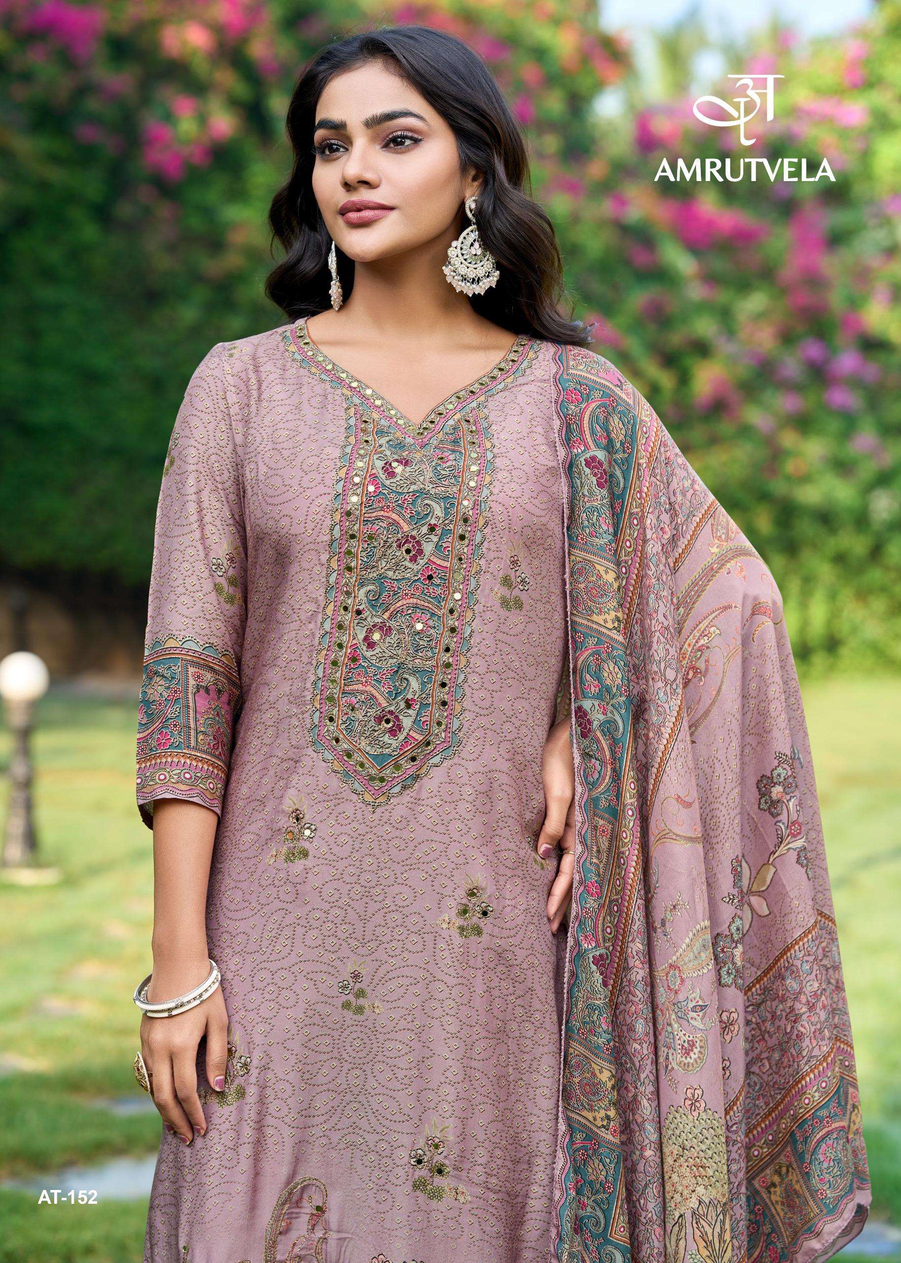 AMRUTVELA DESIGN NO - 152 ABCDEF PURE VISCOSE MUSLIN DIGITAL PRINT AARI HANDWORK PAKISTANI SUIT