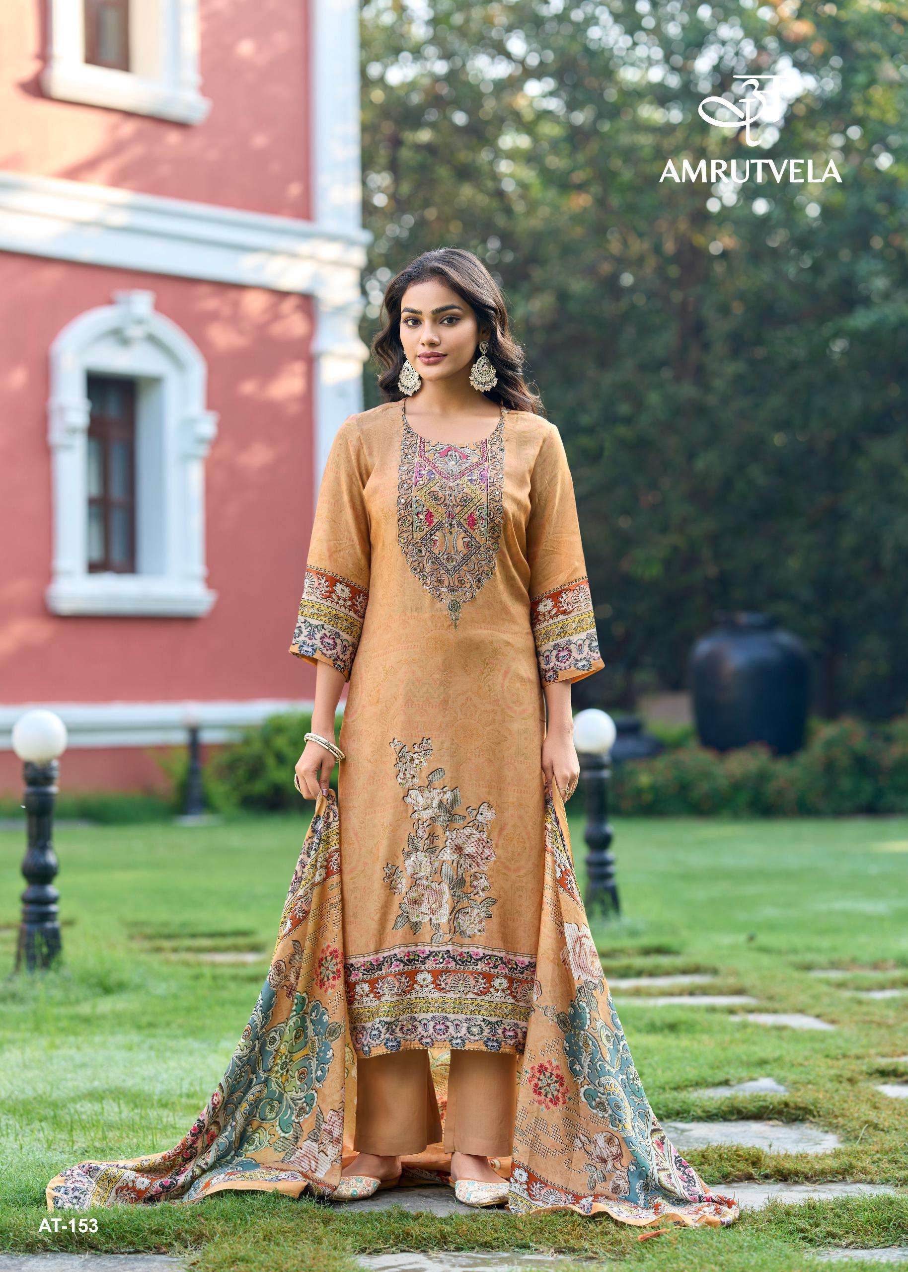 AMRUTVELA DESIGN NO - 153 ABCD PURE VISCOSE MUSLIN DIGITAL PRINT AARI HANDWORK PAKISTANI SUIT