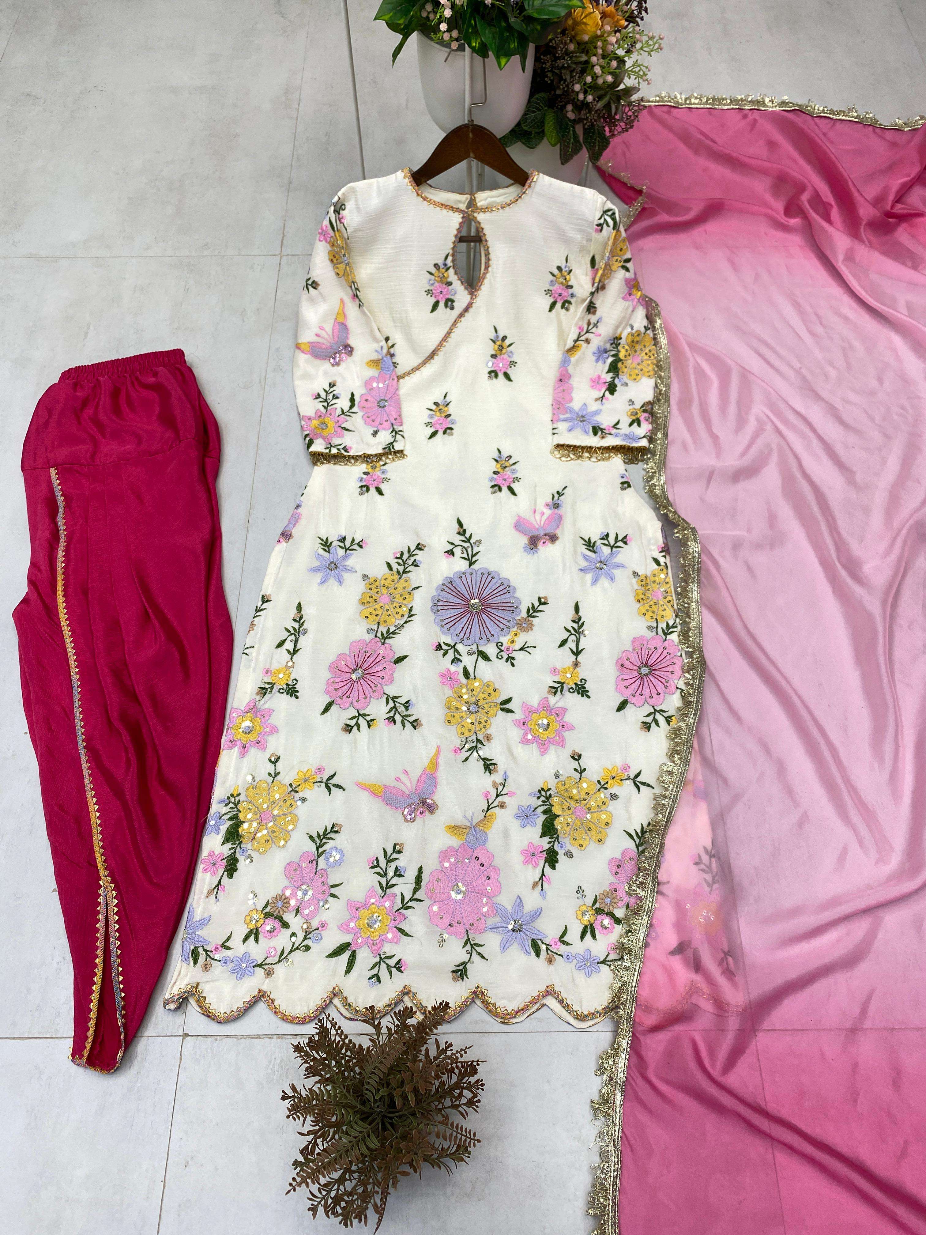 BE 418 DESIGNER WEAR EMBROIDERED BOAT NECK TOP WITH TULIP SALWAAR AND DUPATTA 