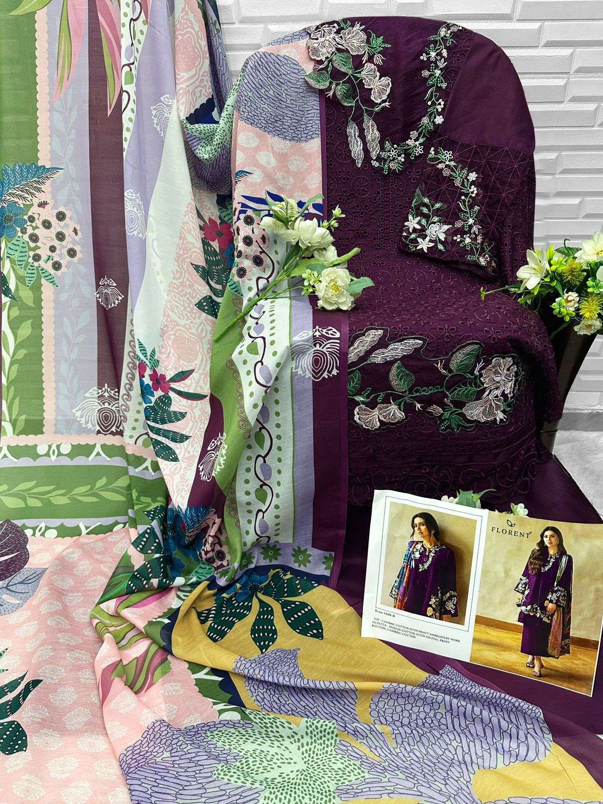 FLORENT TM DESIGN NO - 1048 ABC CAMBRIC COTTON HEAVY EMBROIDERED WORK PAKISTANI SALWAR SUIT