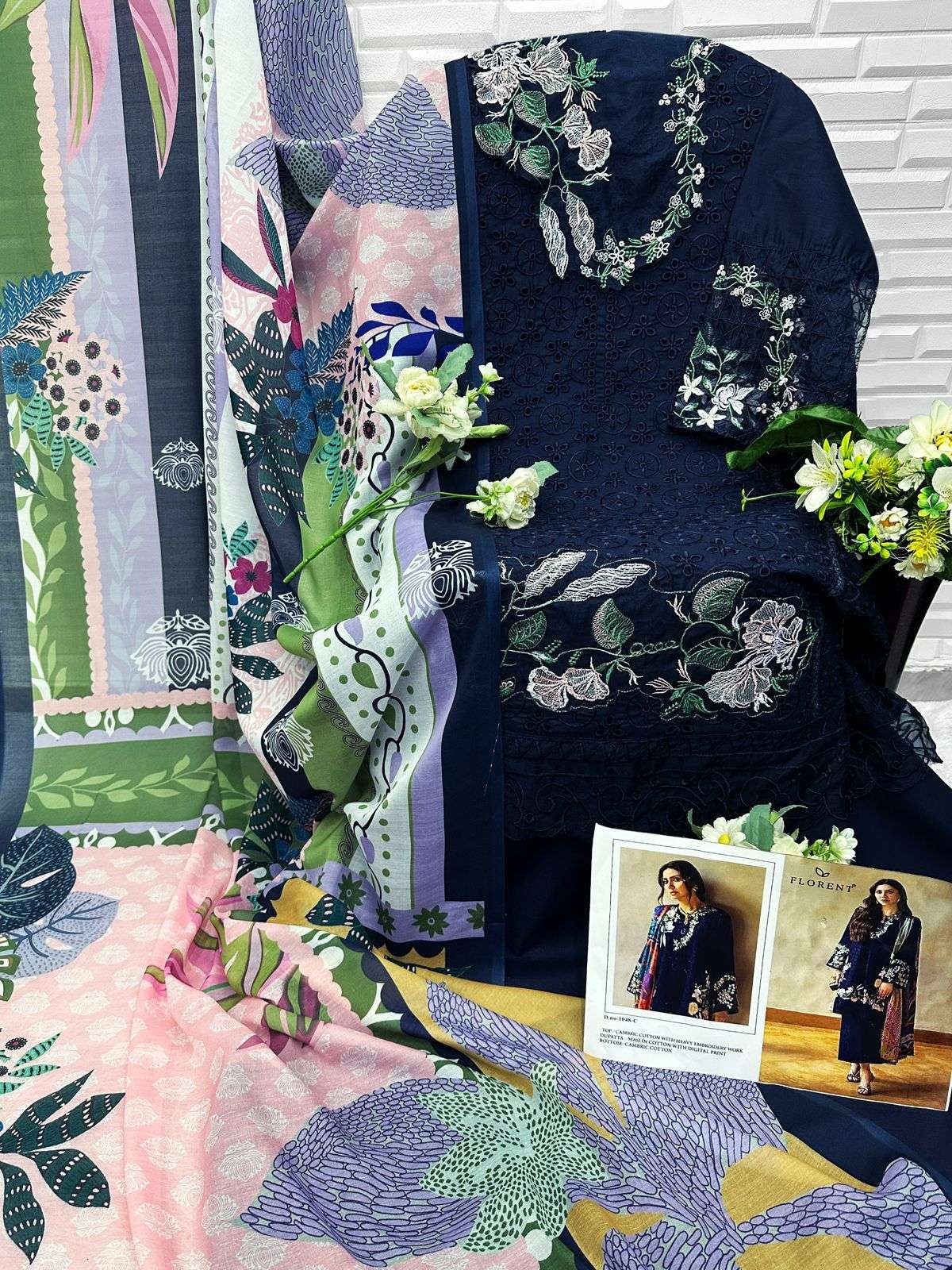 FLORENT TM DESIGN NO - 1048 ABC CAMBRIC COTTON HEAVY EMBROIDERED WORK PAKISTANI SALWAR SUIT