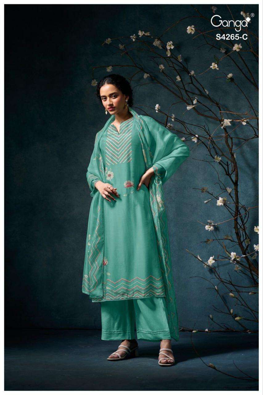 GANGA PRISELLE 4265 SATIN PRINT WITH EMBROIDERY WORK SUIT