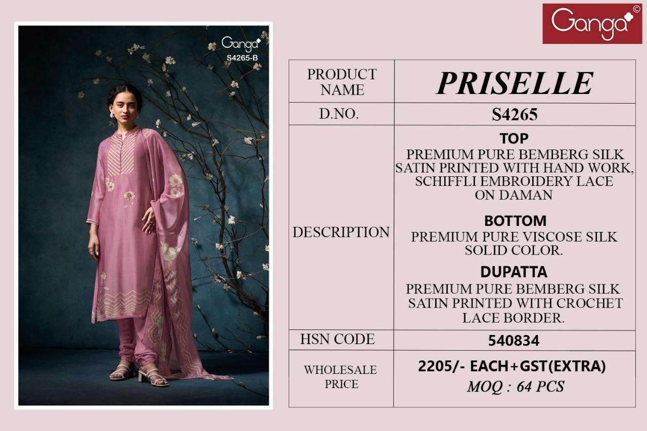 GANGA PRISELLE 4265 SATIN PRINT WITH EMBROIDERY WORK SUIT