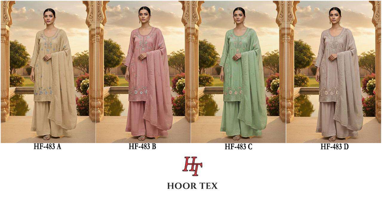  HOOR TEX DESIGN NO - HF 483 A-D  HEAVY STAR CHIFFON READYMADE PAKISTANI SUIT