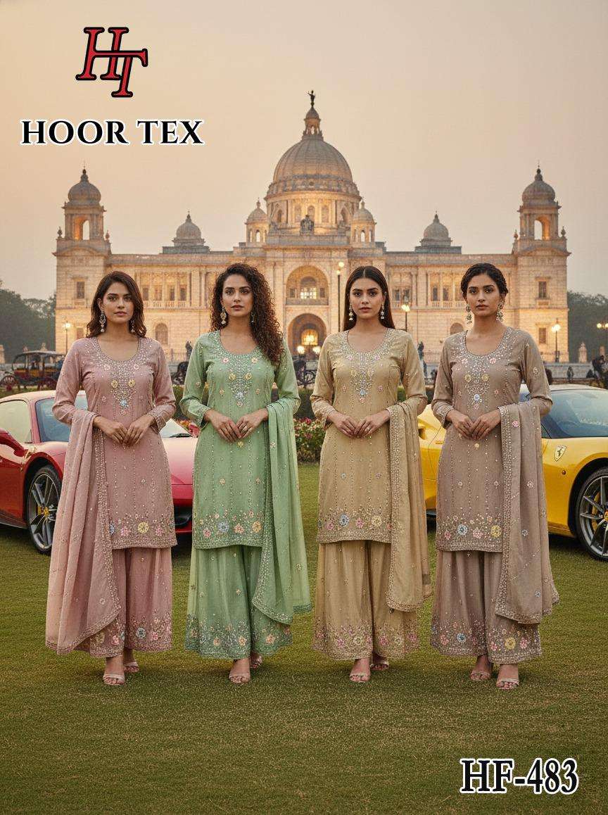  HOOR TEX DESIGN NO - HF 483 A-D  HEAVY STAR CHIFFON READYMADE PAKISTANI SUIT